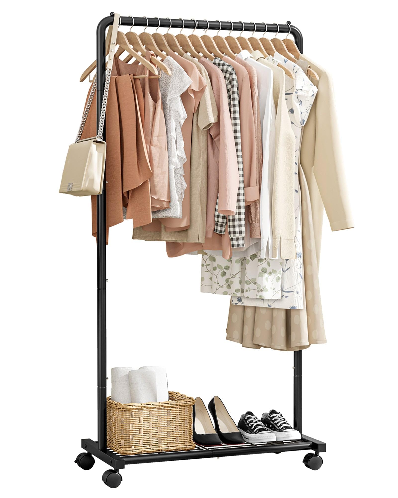 Clothes Rack - Clothing Rack with Storage Mesh Shelf & Casters, Heavy-Duty Metal Clothing Rack for Hanging Clothes, Dresses, Coats, Large Load Capacity, Easy Assembly, Black, 28.0"x16.9"x59.0"