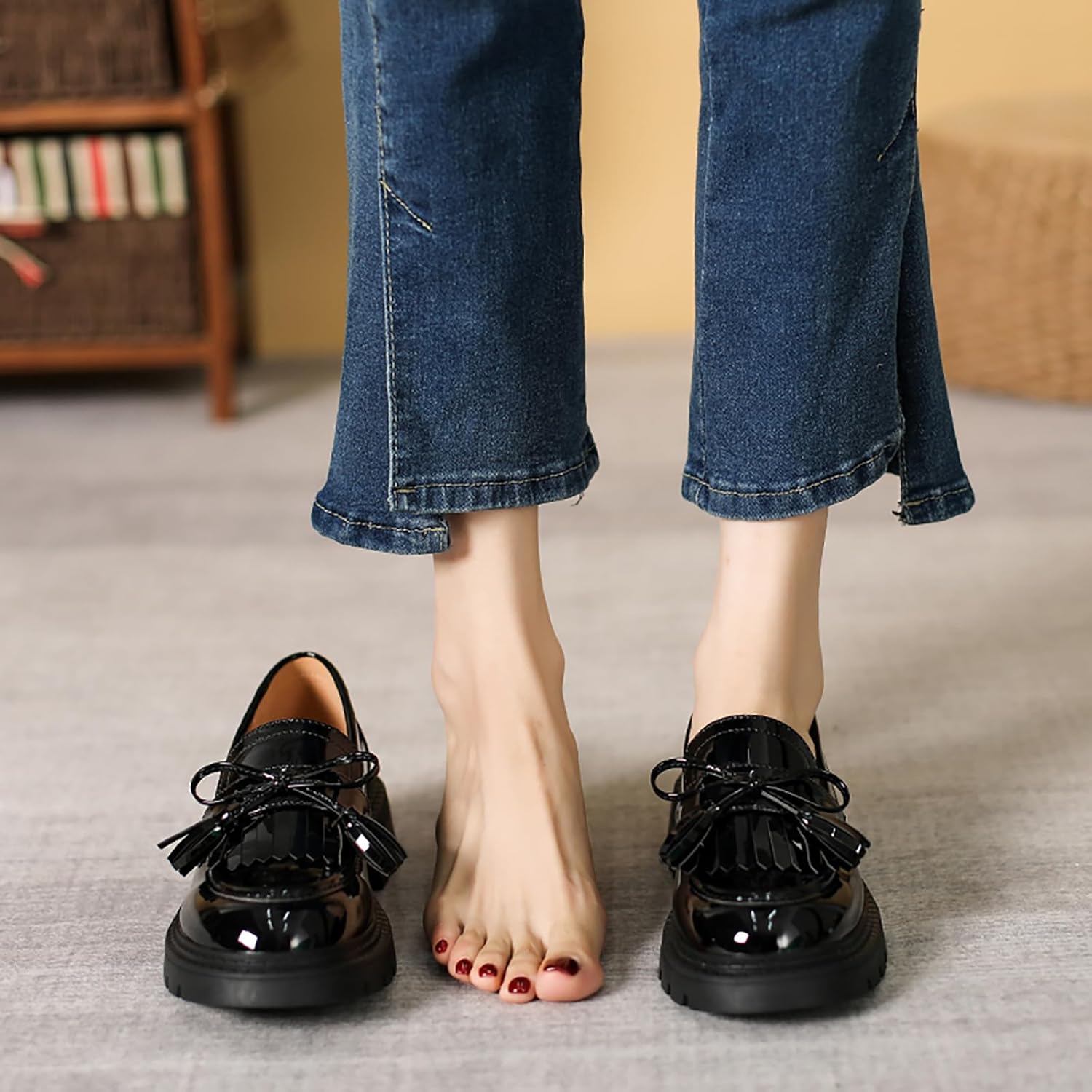 Women's Patent Leather Tassel Loafers Fashion Black Round Toe Slip-on Dress Shoes - Comfort Casual Simple for Daily Wear - Image 6