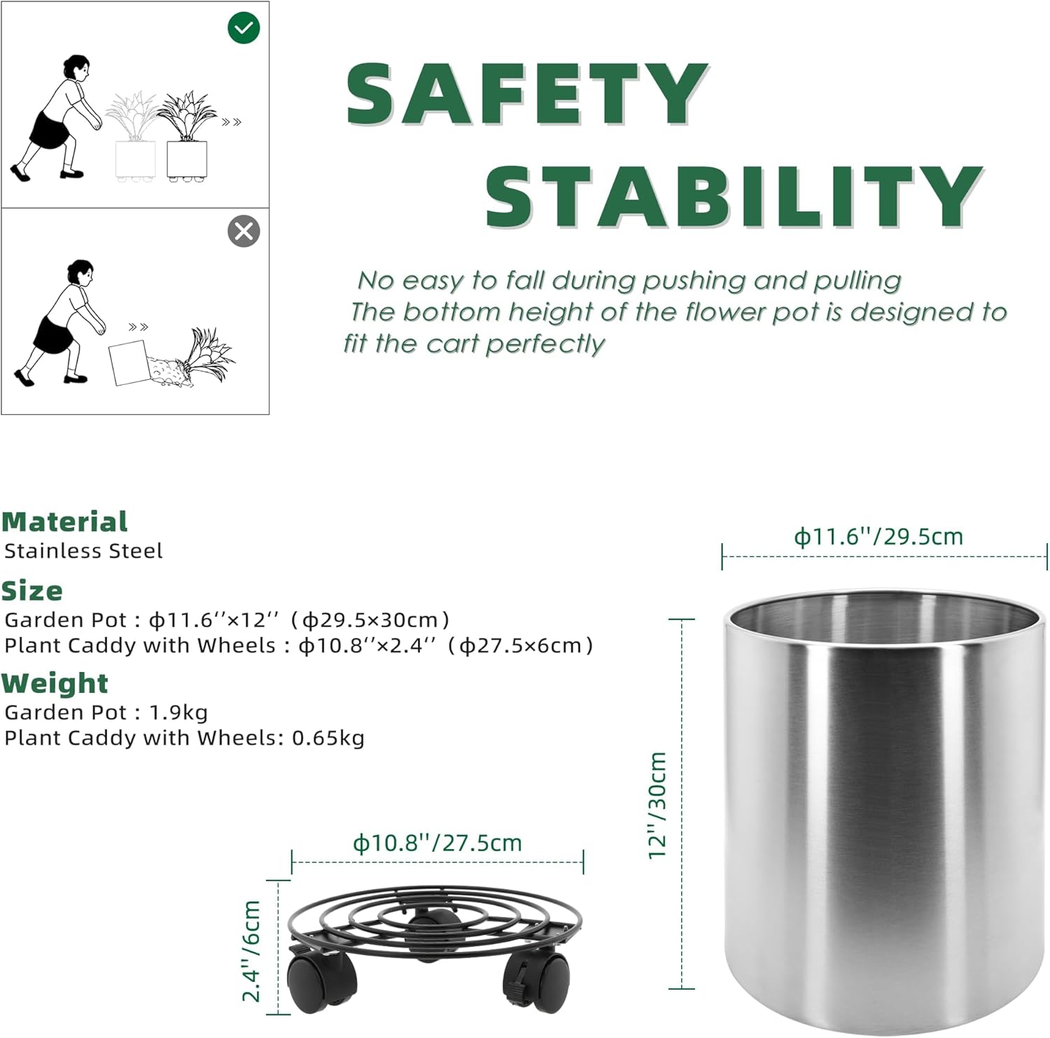 Longrun 30cm Stainless Steel Cylindrical Plants Pot, Large Home Patio Décor Gardening Flower Pot, Includes Tray with Universal Wheels - Curved Border