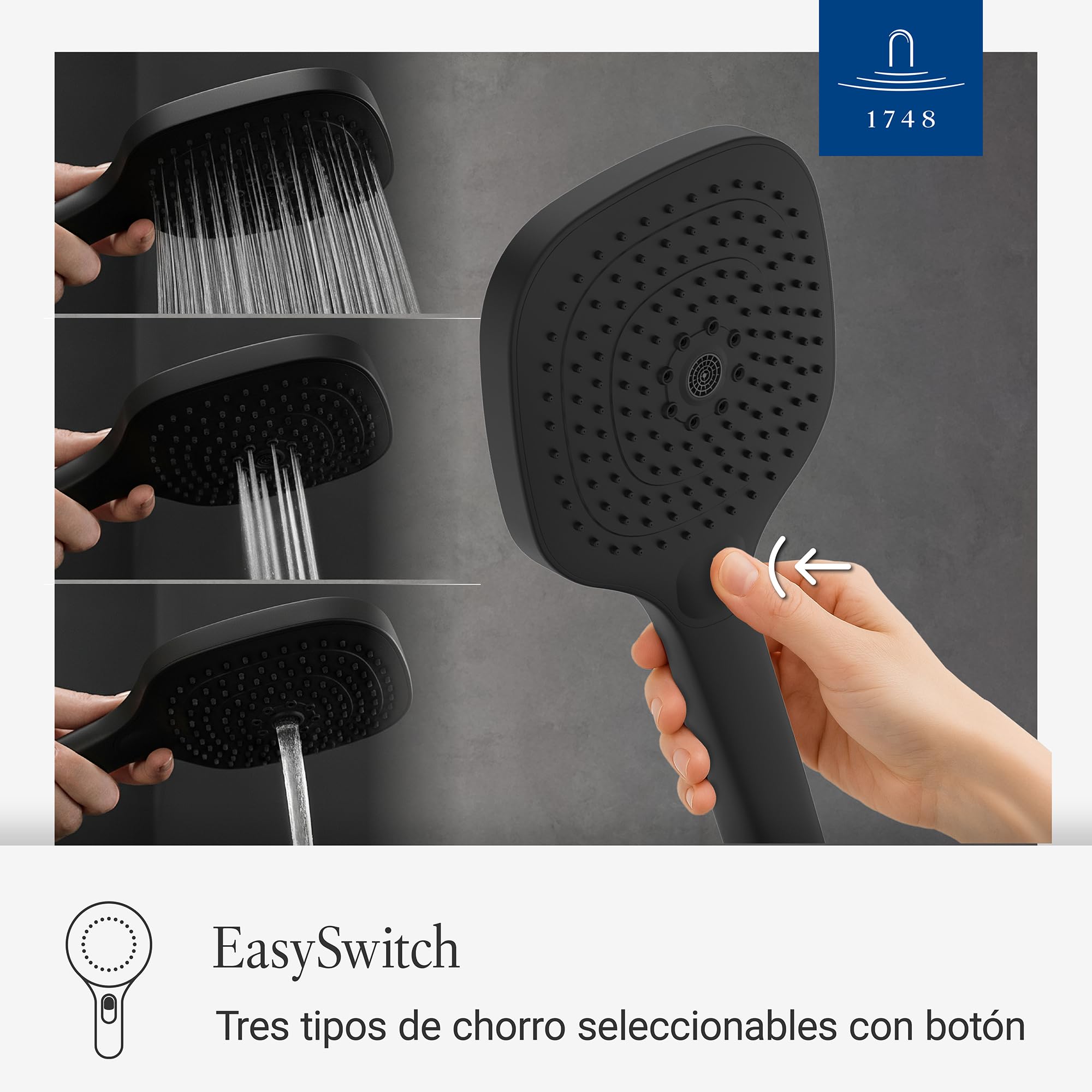 Villeroy & Boch Elody, cabezal de ducha, mango de ducha angular con tres tipos de suministro (Laminar, Massage y Velvet) y botón de modo, EasyClean, conexión universal – Negro Mate | Alcachofa de ducha angular, 3 tipos de chorro intercambiables, EasyClean