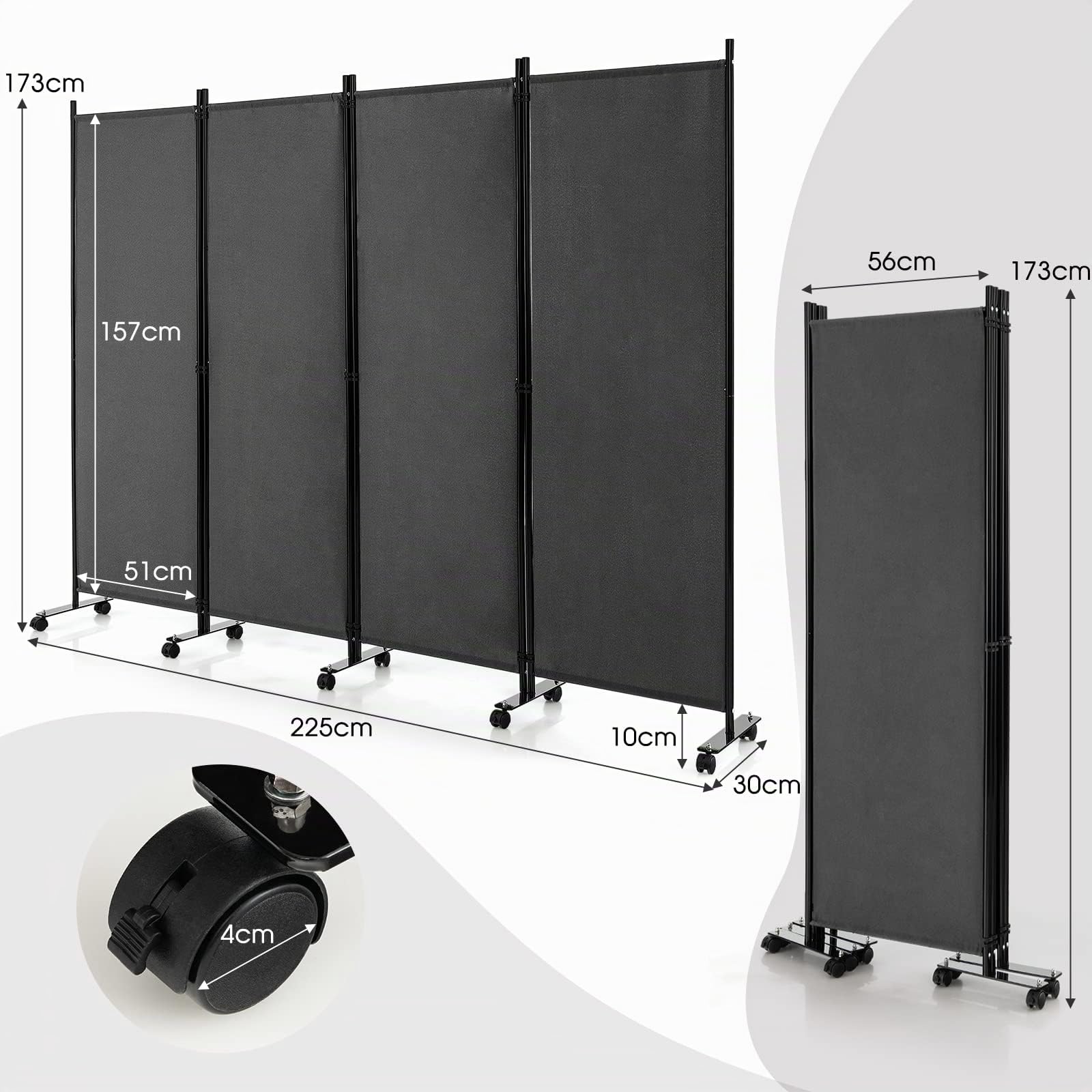 GIANTEX Paravent de séparation intérieur sur roulettes - 4 pièces - 225 x 173 cm - Paravent Pliable - Mur Espagnol autoportant avec Pieds Larges - Cloison en Tissu - Protection privée (Gris)