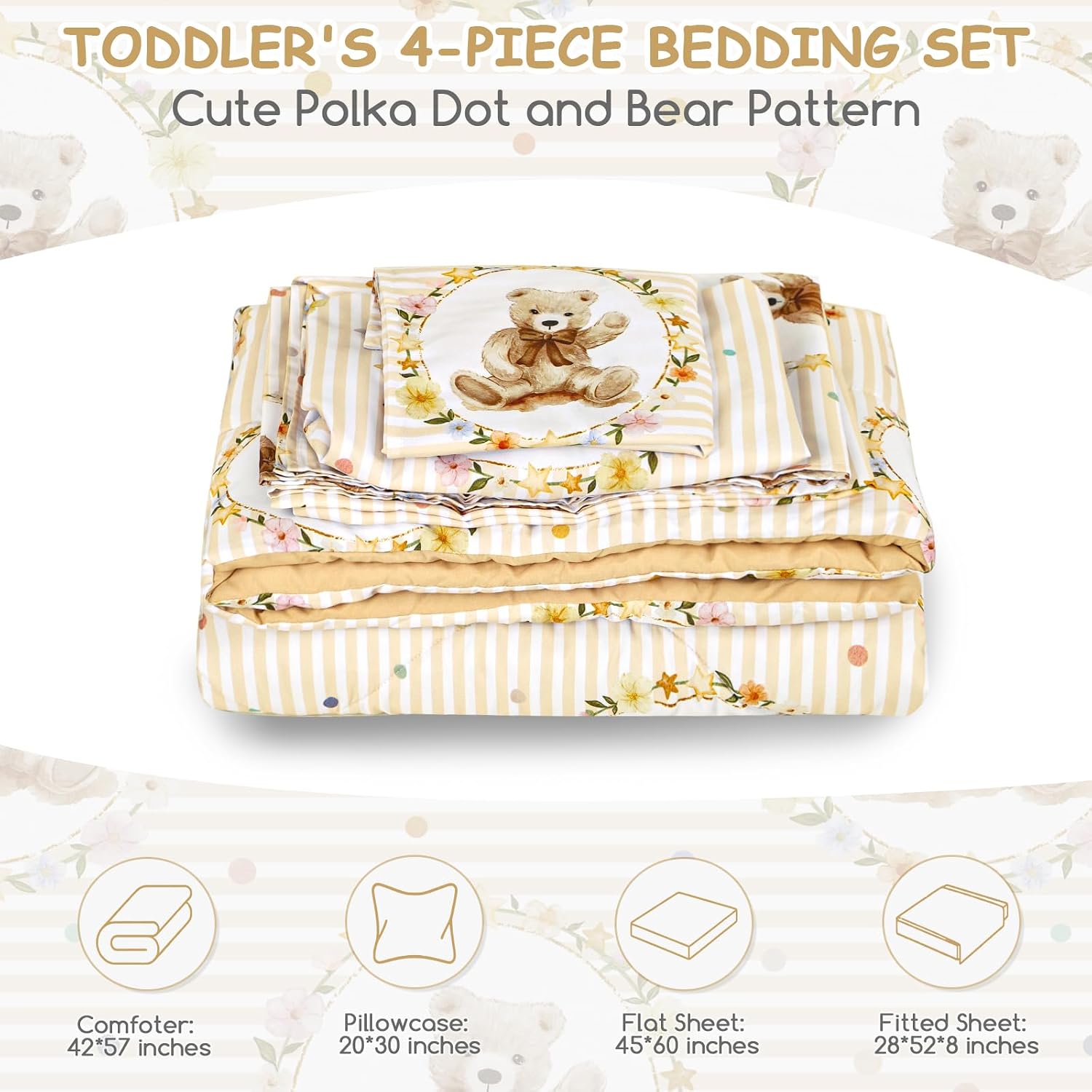 Hooyax Toddler Bedding Set 4-Piece with Polka Dot Bear Pattern – Cute Toddler Comforter Set for Girl – Includes Ultra-Soft Comforter, Fitted Sheet, Flat Sheet & Pillowcase for All Season