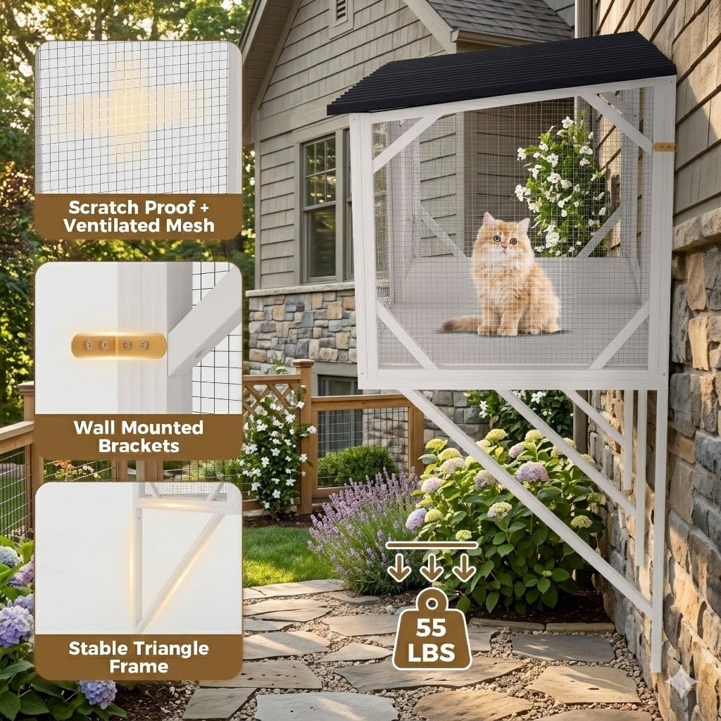 43.3" Wooden Window Catio – Outdoor Cat Enclosure with Solid Wood Frame, Large Window Perch for Indoor Cats, Balcony Cat House for Sunbathing, Bird Watching & Relaxing, White