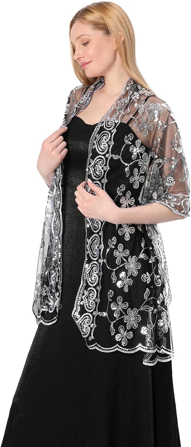 Shawls and Wraps for Evening Dresses,Women Formal 1920s Sequin Flower Sheer Shawls and Wraps for Wedding- - Image 4