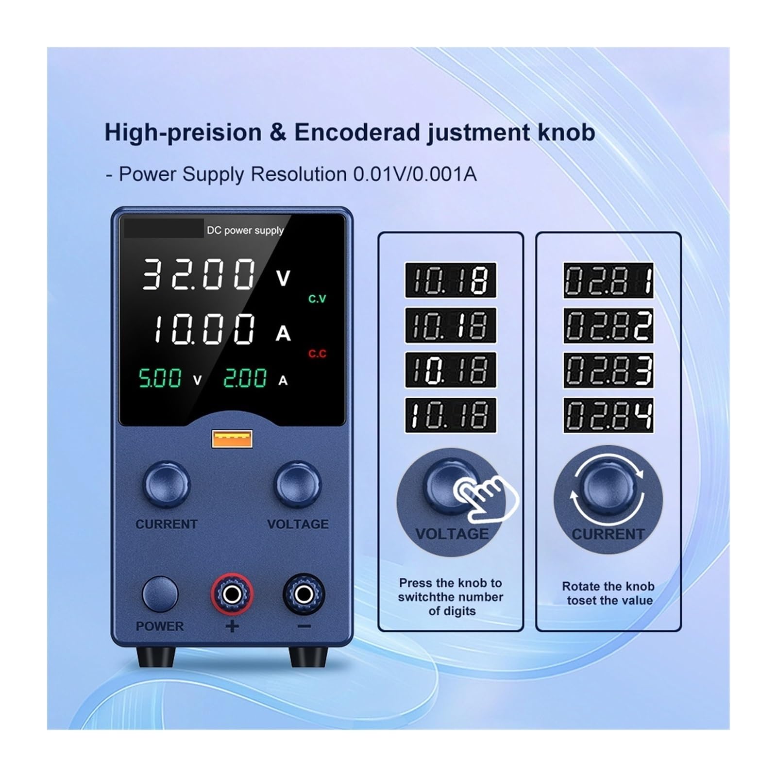 Fuente de alimentación de CC, Fuente De Alimentación 30V 10A CC Ajustable 5A 60V 120V 3A Con Salida USB Banco Visualización Fuentes Laboratorio(GA3010L 32V 10A)