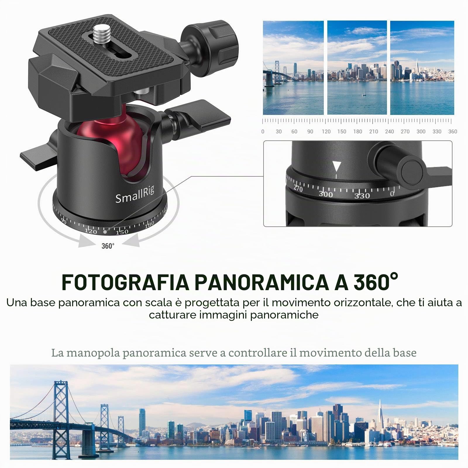 SMALLRIG Testa per Treppiede con Testa a Sfera Panoramica Ruotabile di 360°, Testa per Treppiede con Piastra a Sgancio Rapido Vite da 1/4'' per Treppiede, Monopiede, Fotocamere, DSLR 2665