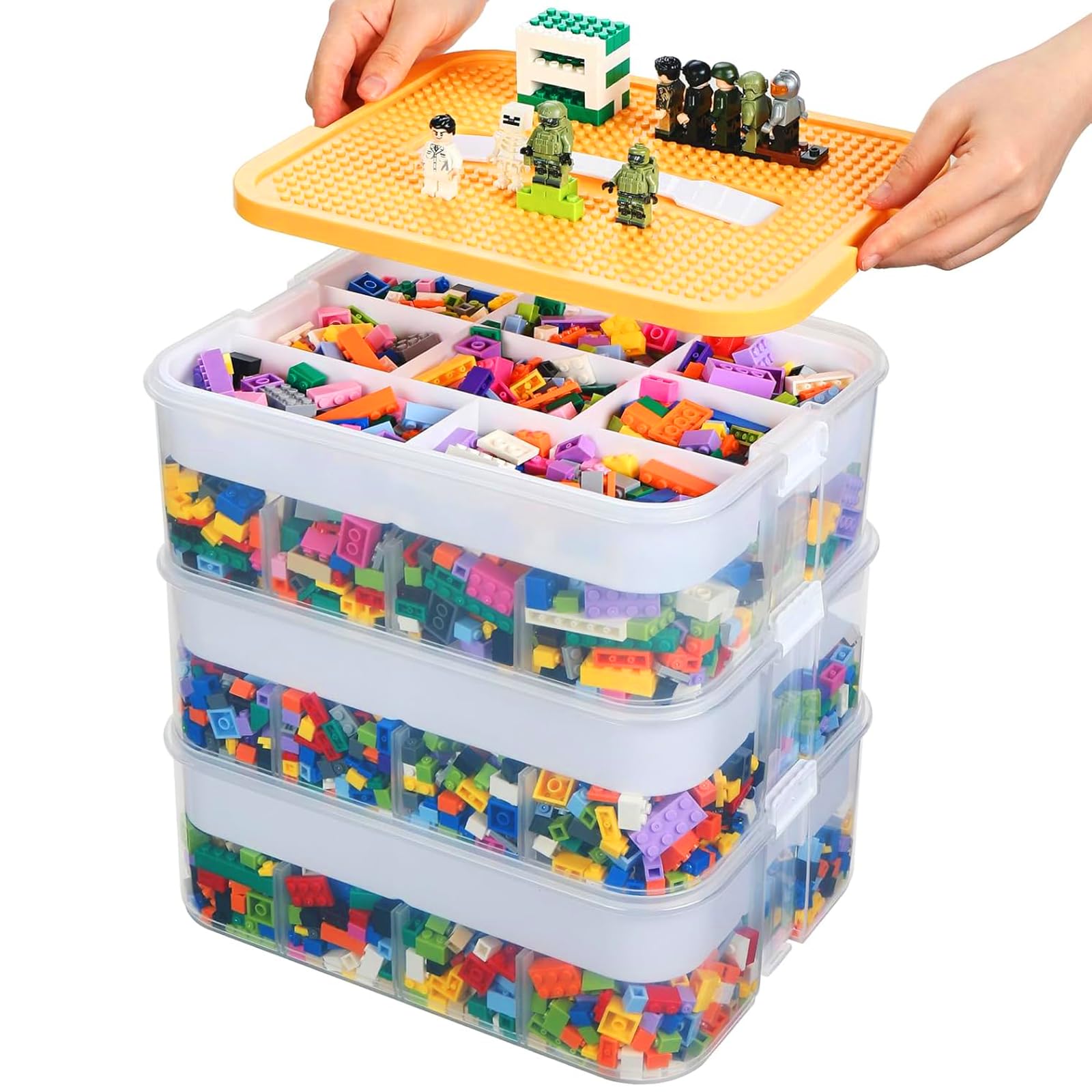 Boite Rangement, Boite de Rangement, Boite de Rangement Empilable, Coffre a Jouet, 3 Niveaux Boite Rangement Plastique, Boite Rangement Plastique avec Couvercle pour Blocs de Construction