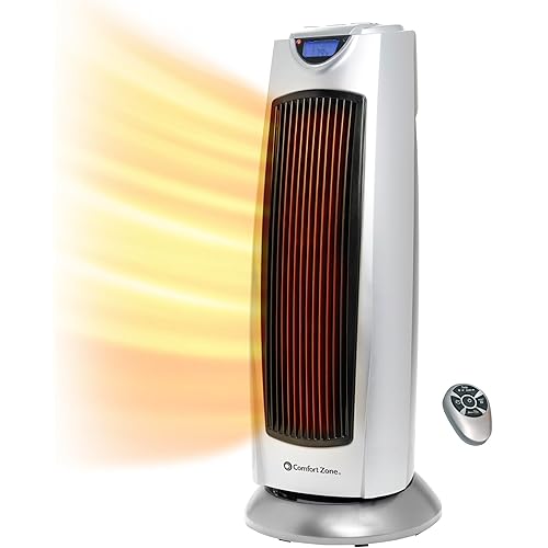 Comfort Zone Ceramic Tower Space Heater, 1500W Portable Electric Heater with 80° Oscillation, Digital Controls & Remote, Tip-Over & Overheat Protection, Indoor Heater for Home, Office & Bedroom