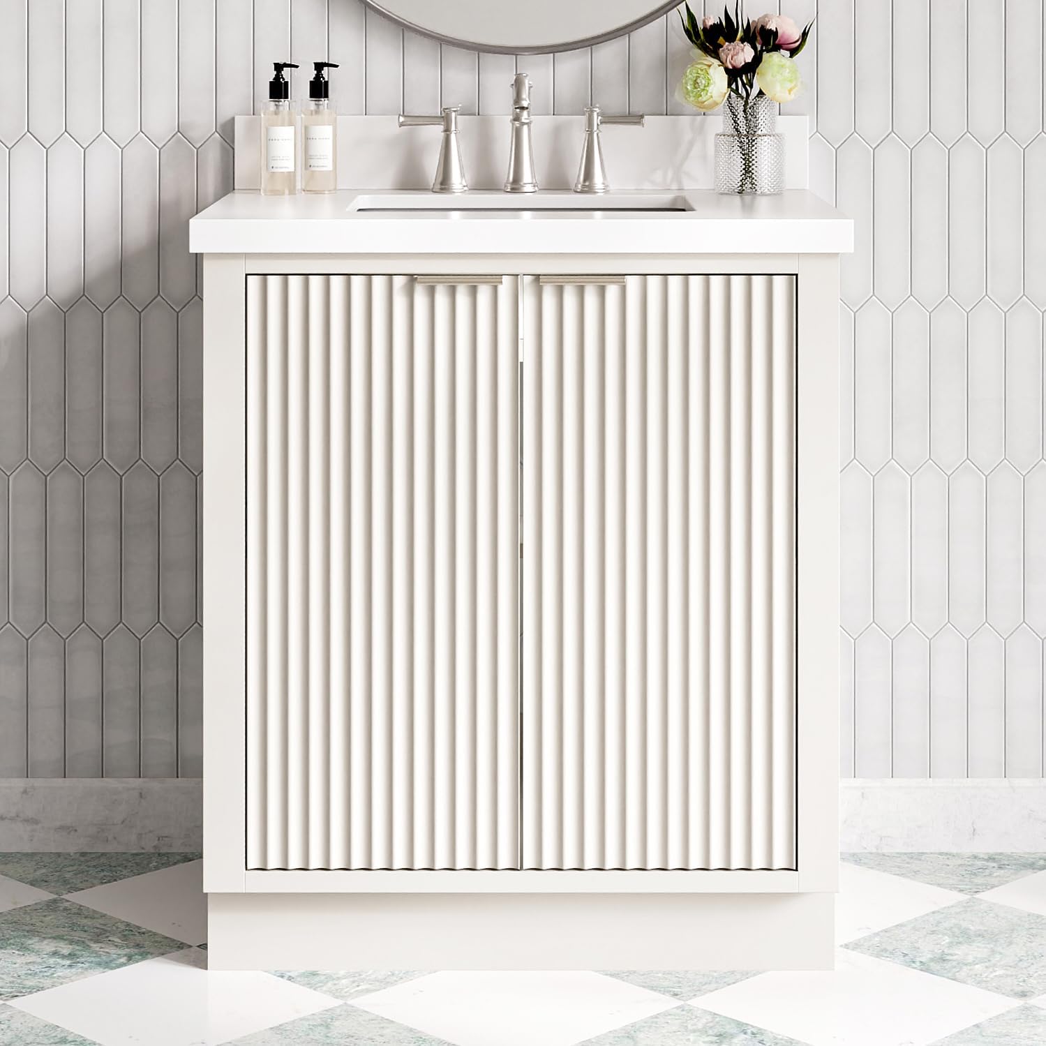 ARIEL Milan 30-inch Bathroom Vanity with Sink,Solid Wood, 1.5-inch Pure White Quartz Countertop & Backsplash, Single Oval Porcelain Sink, 2 Soft Closing Doors, Brushed Nickel, Warm White
