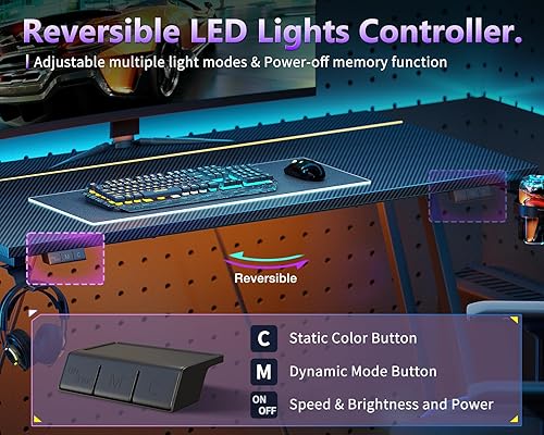 Miniatura 5 de MOTPK Escritorio pequeño para juegos con luces LED y toma de corriente, escritorio de computadora de 31.5 pulgadas para espacios pequeños, mesa de