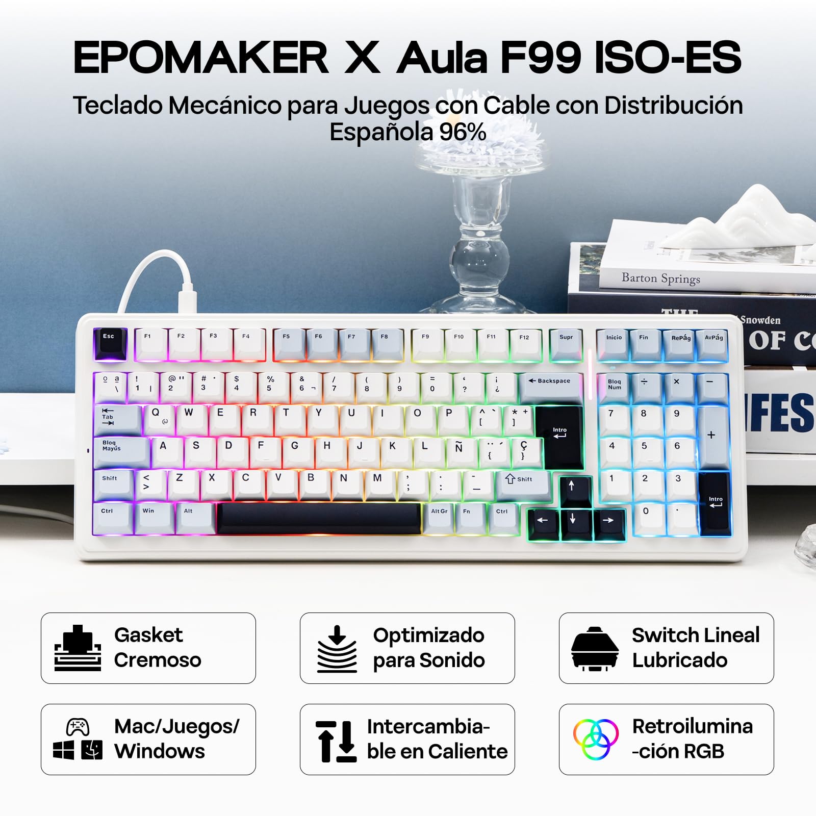 EPOMAKER x Aula F99 ISO-ES Teclado Mecánico con Cable, Distribución Española 96%, Hot Swap, Interruptores Lubricados, Teclas PBT, RGB, Teclado Numérico, Gasket Suave, para Gaming/Oficina (Blanco Azul)