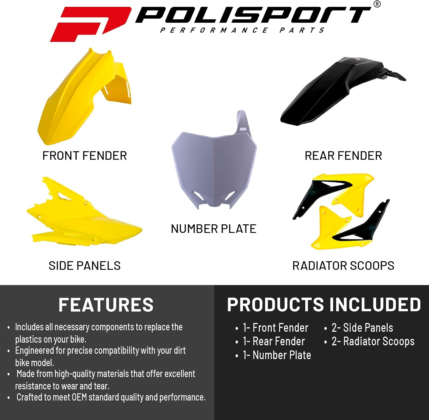 Polisport Motocross (MX) Replica Plastic Kit for Suzuki RMZ 450 (2008-17) – OEM Quality, Durable, Flexible & Perfect Fit – Yellow/Black