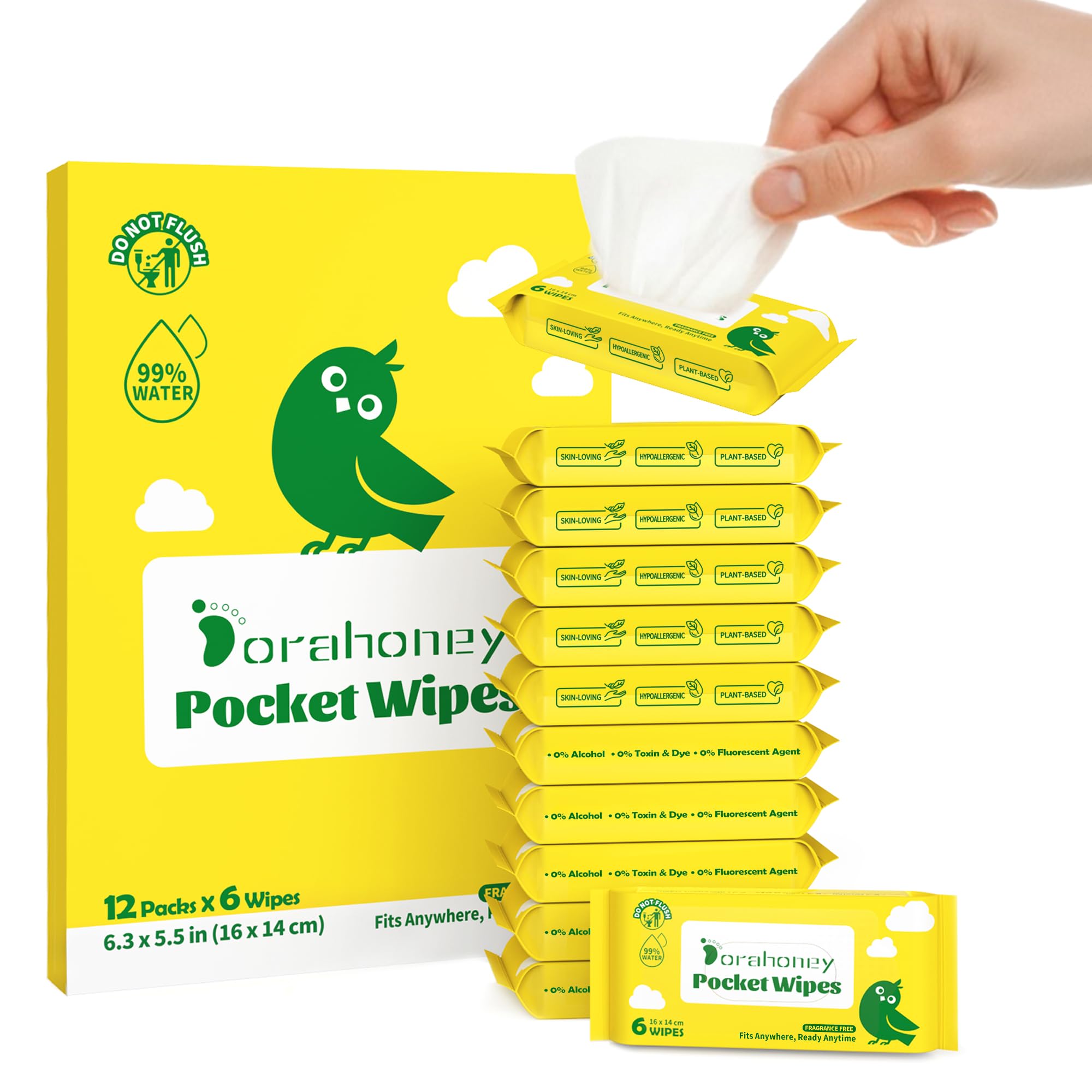 Dorahoney Mini Reise Feuchttücher – Baby Feuchttücher Reisegröße, 99% Wasser, unparfümiert & hypoallergen, für empfindliche Haut, unterwegs Tücher für Hände und Gesicht – 12er Pack (72 Stück)