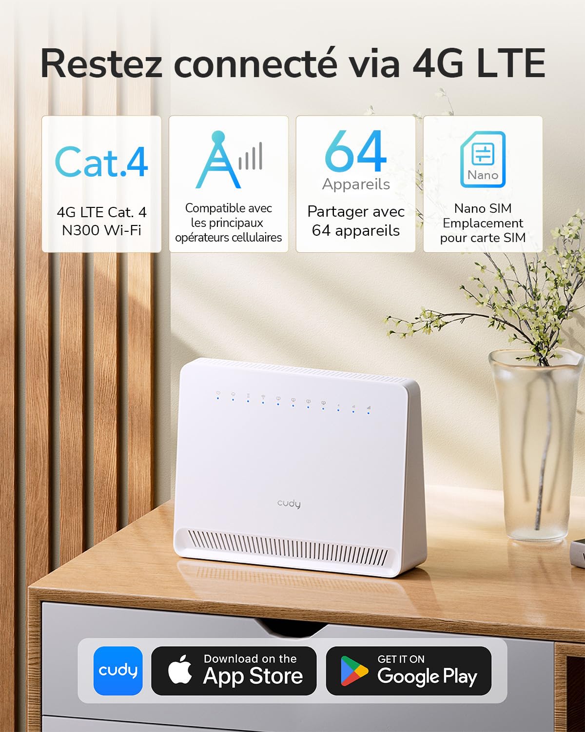 Cudy Routeur Wi-FI 4G LTE Cat 4 N300, OpenWRT, 4 Ports 100 M, LT400E | Cat.4, 150 Mbps en téléchargement, Wi-Fi N300, compatible OpenWRT, 4 ports 100 Mbit/s, emplacement pour carte Nano SIM