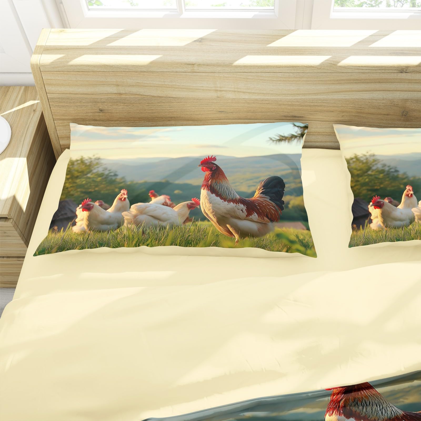 Podwójny zestaw poszewek na kołdrę 260 x 220 cm (2 poszewki na poduszki 50 x 75) dwustronna poszwa na kołdrę z mikrofibry zielona, miękka kura, zwierzęta latające kogut poszewka na kołdrę w zestawie