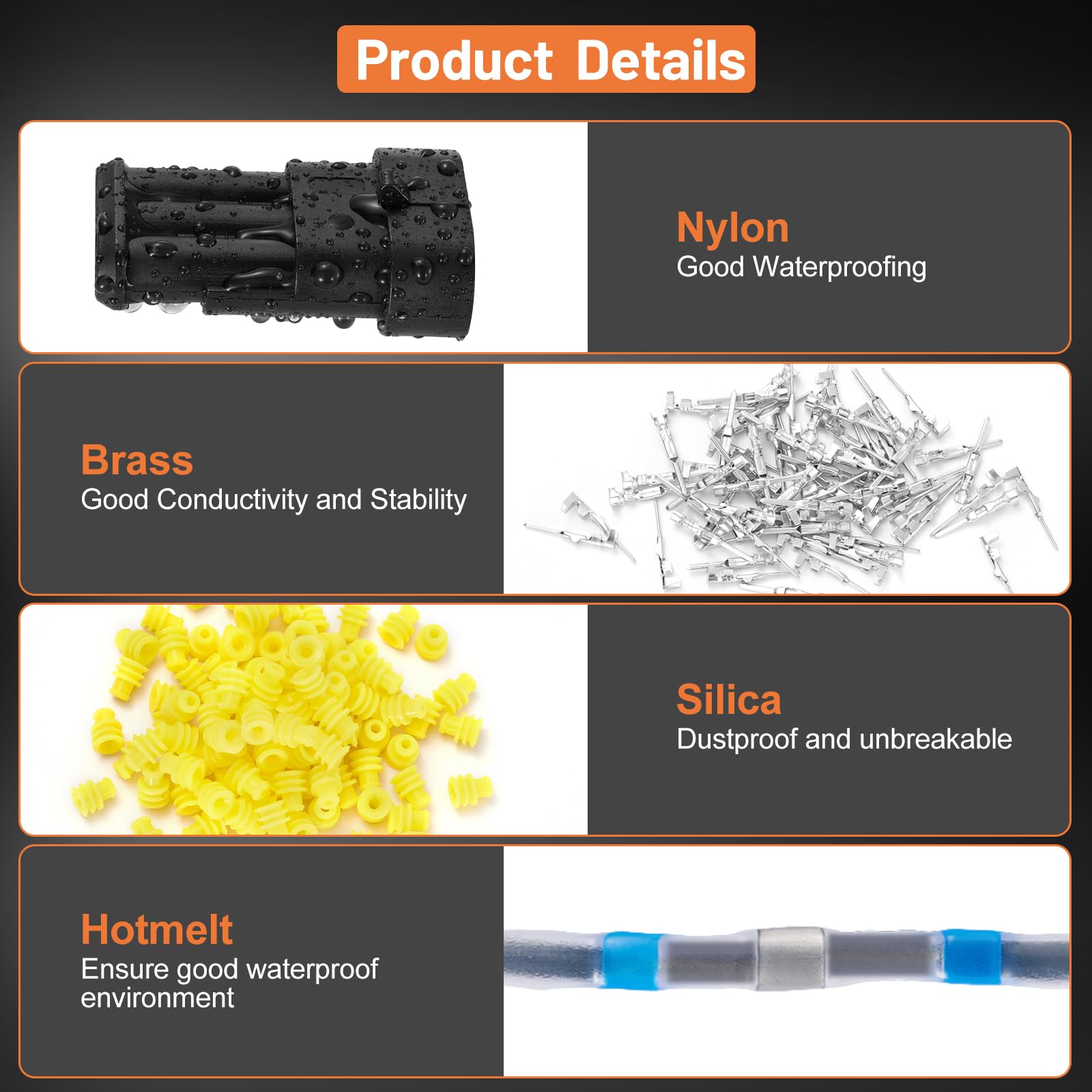 Product material details: Nylon for waterproofing, Brass for conductivity, Silica for dust plugs, Hotmelt for waterproof environment