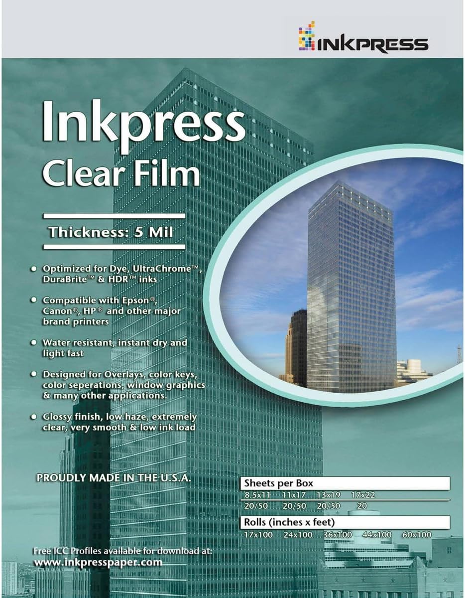 Inkpress Clear Film 5 mil. Polyester Inkjet Film, 13x19", 20 Sheets