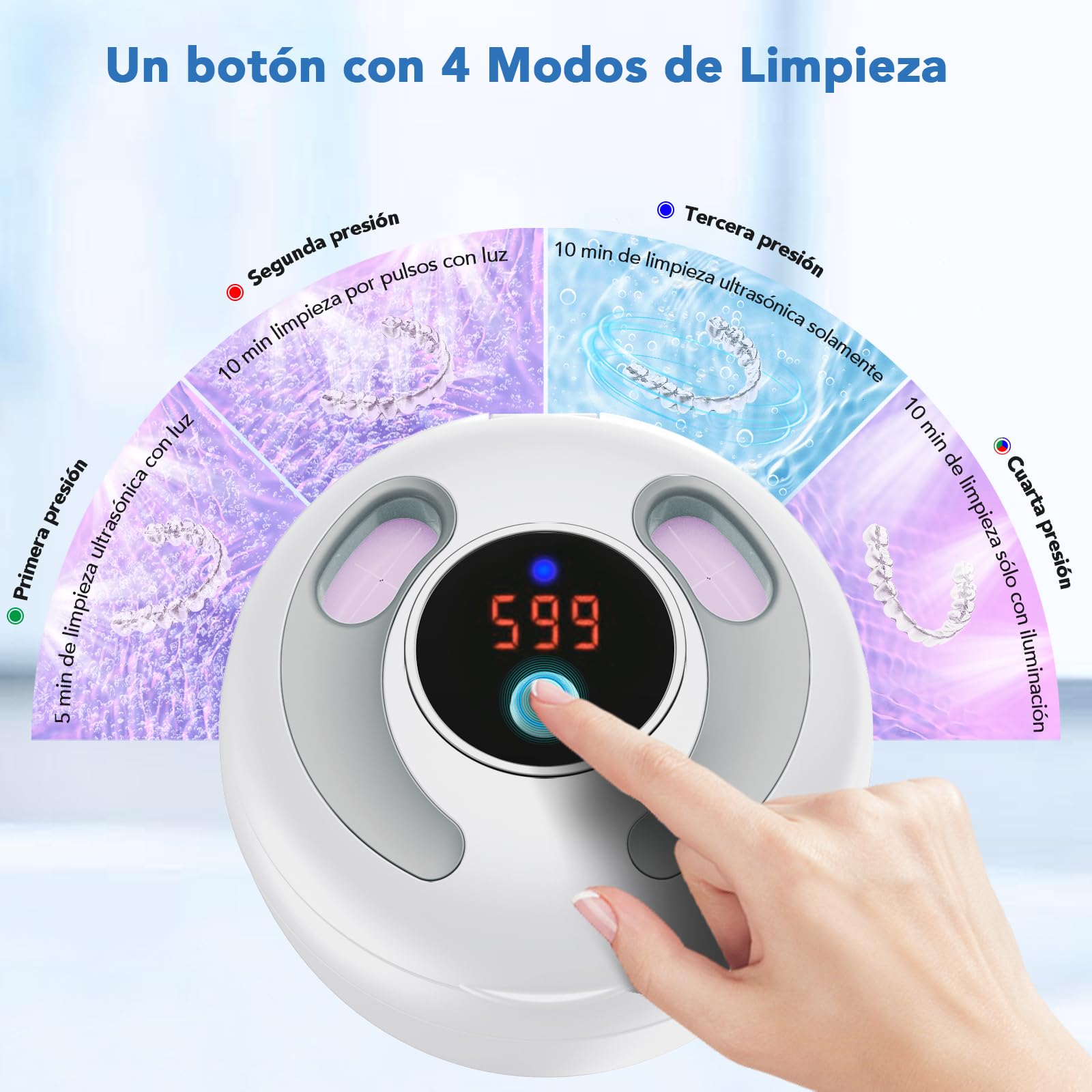 Accwork Limpiador Ultrasónico, 45 kHz Ultrasonic Cleaner, 4 modos de Limpieza, Acero Inoxidable 304, 200 ml Ultrasonidos Limpieza Dental para Aparato De, Retainer, Aligner, Blanco