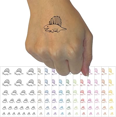 Wary Dimetrodon Dinosaur with Dorsal Sail Fin Temporary Tattoo Water Resistant Fake Body Art Set Collection - Yellow (One Sheet)