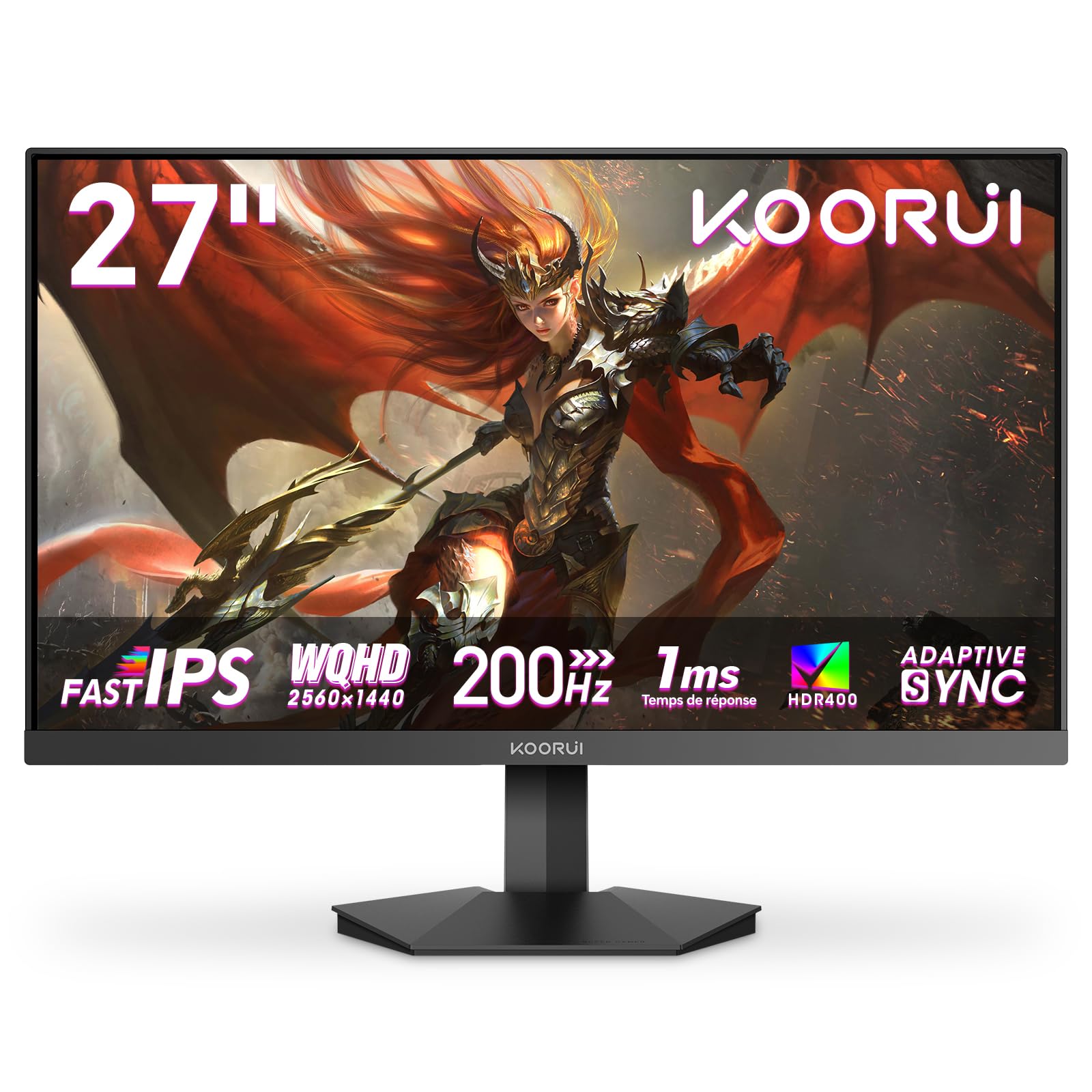 KOORUI 27 Pouces Ecran PC Gamer 200Hz WQHD HDR 400 Adaptive Sync HDMI/DP | Fast IPS, 1MS, DCI-P3 95%, SRGB 99%, WQHD 2560x1440, VESA 75*75mm, pour le travail de bureau ou les jeux