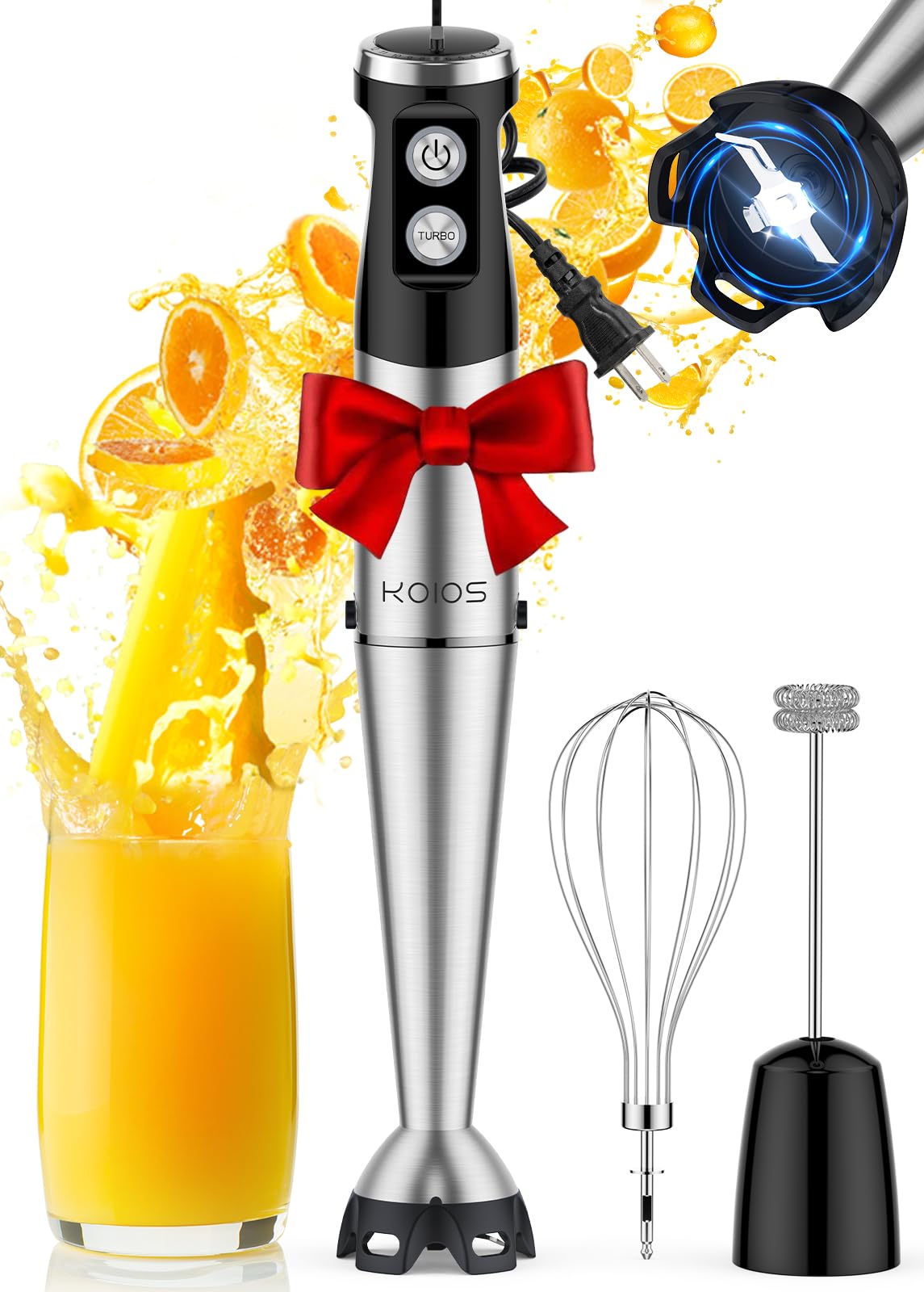 KOIOS Immersion Blender, 1000W Anti-scratch 3-in-1 Hand Blender, Upgraded 12 Speed Stainless Steel Blade Stick Blender with Turbo Mode, Whisk and Milk Frother, Non-BPA, Black