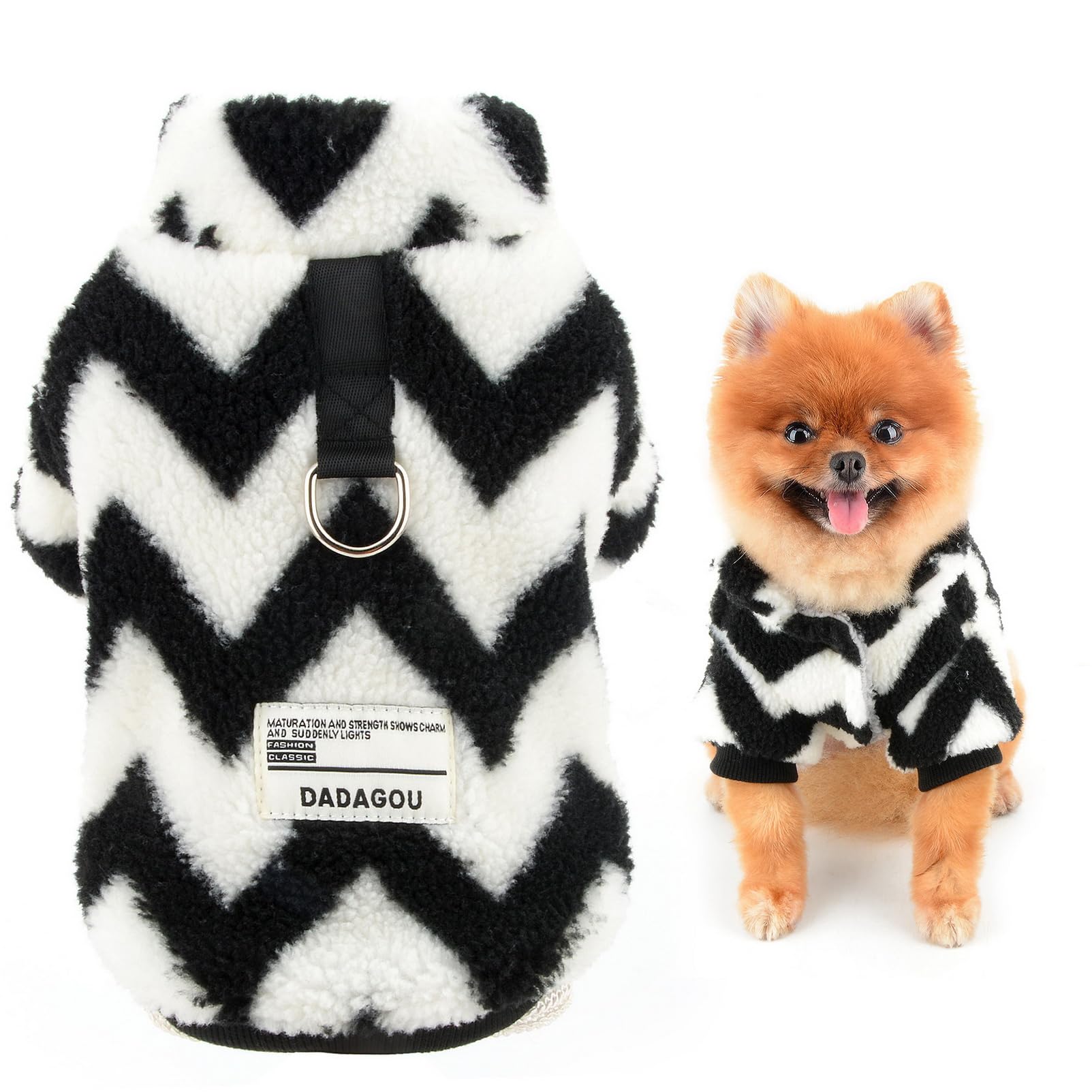 SMALLLEE_LUCKY_STORE Fleece Dog Coat for Small Dog, Chevron Pet Jacket with D-ring and Letter, Warm Winter Fall Puppy Clothes Chihuahua Yorkie Outdoor Costume Cat Apparel, White, M
