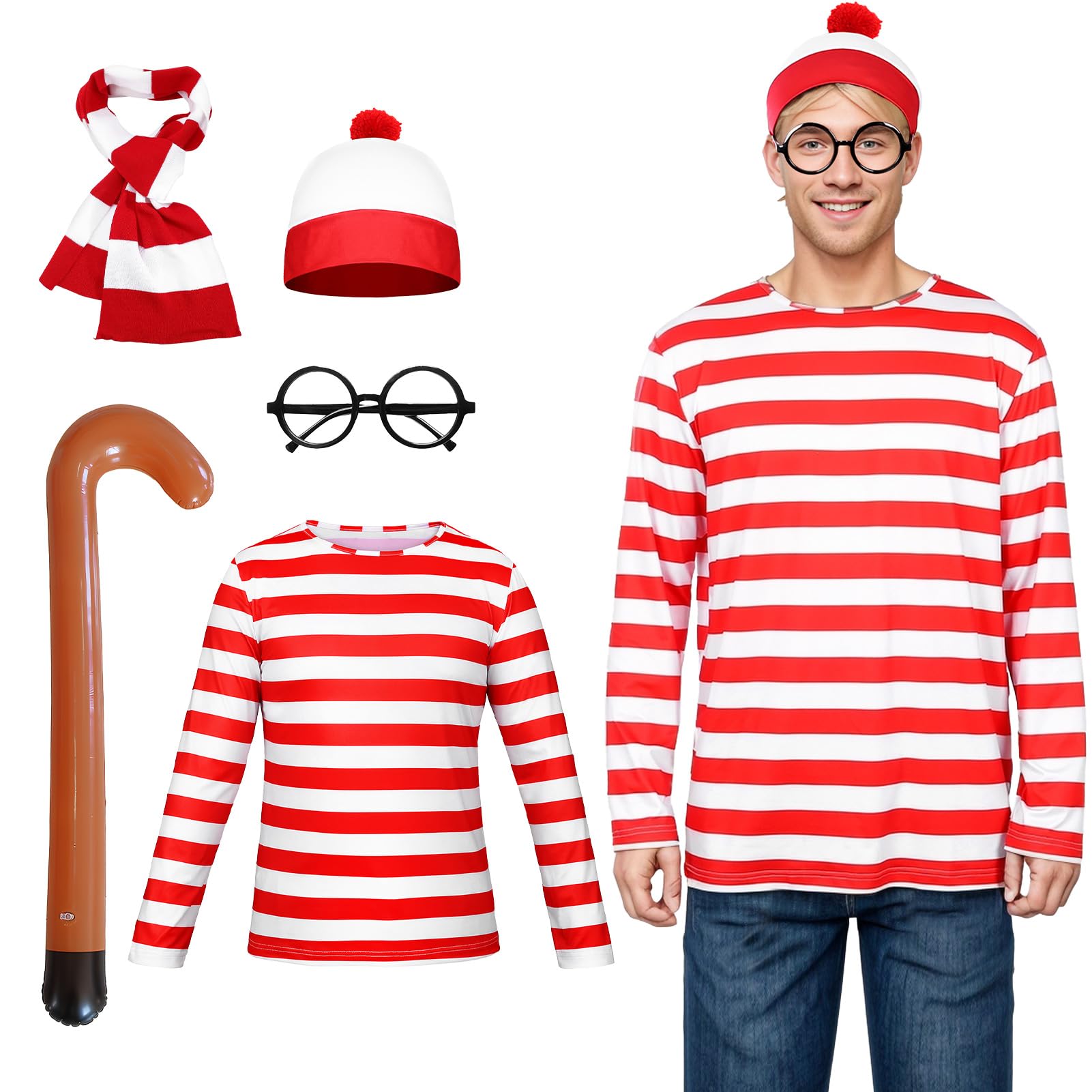 Alaiyaky Red and White Striped T-Shirt Set for Adult Kids, 90s Fancy Dress Striped Top with Beanie Hat Glasses Striped Socks, Halloween Costumes Book Day Outfit for Boys Girls Men Women (Mens, M)