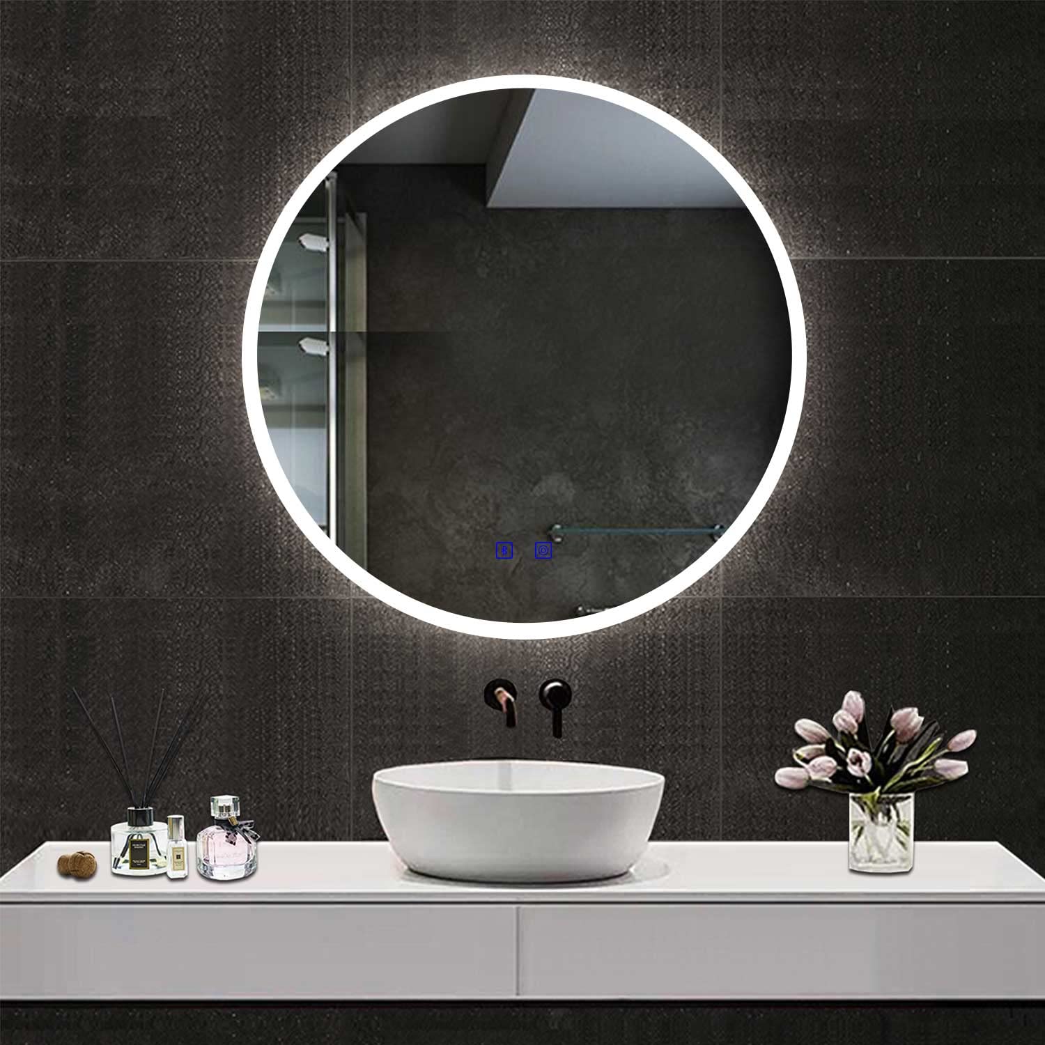 Acezanble 3 Led Ligths+Bluetooth+Demister Pad Round Bathroom Mirror With 3 Led Lights, Bluetooth Speakers 70Cm Illuminated Wall Mounted Circle Bathroom Mirrors Vanity Mirror Dimmable Switch 3 Led Colors Demister Pad Ip44 Rated