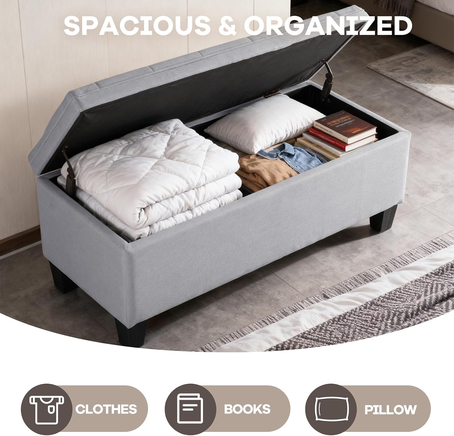 DUMOS Storage Ottoman Bench, Foot Rest with Legs, 16 x 40 x 18 Inches, End of Bed Bench, Storage Chest for Living Room,Bedroom, Entryway, Home Decor, Light Gray