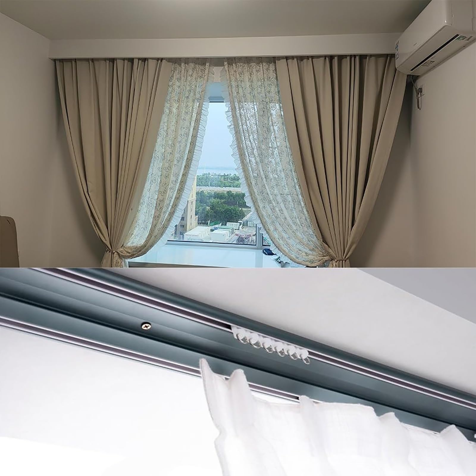 Podwójna szyna szynowa, 2 szyny, wytrzymały karnisz sufitowy, przesuwne szyny do zasłon do domu, długość 280 cm, idealna do salonu i sypialni.