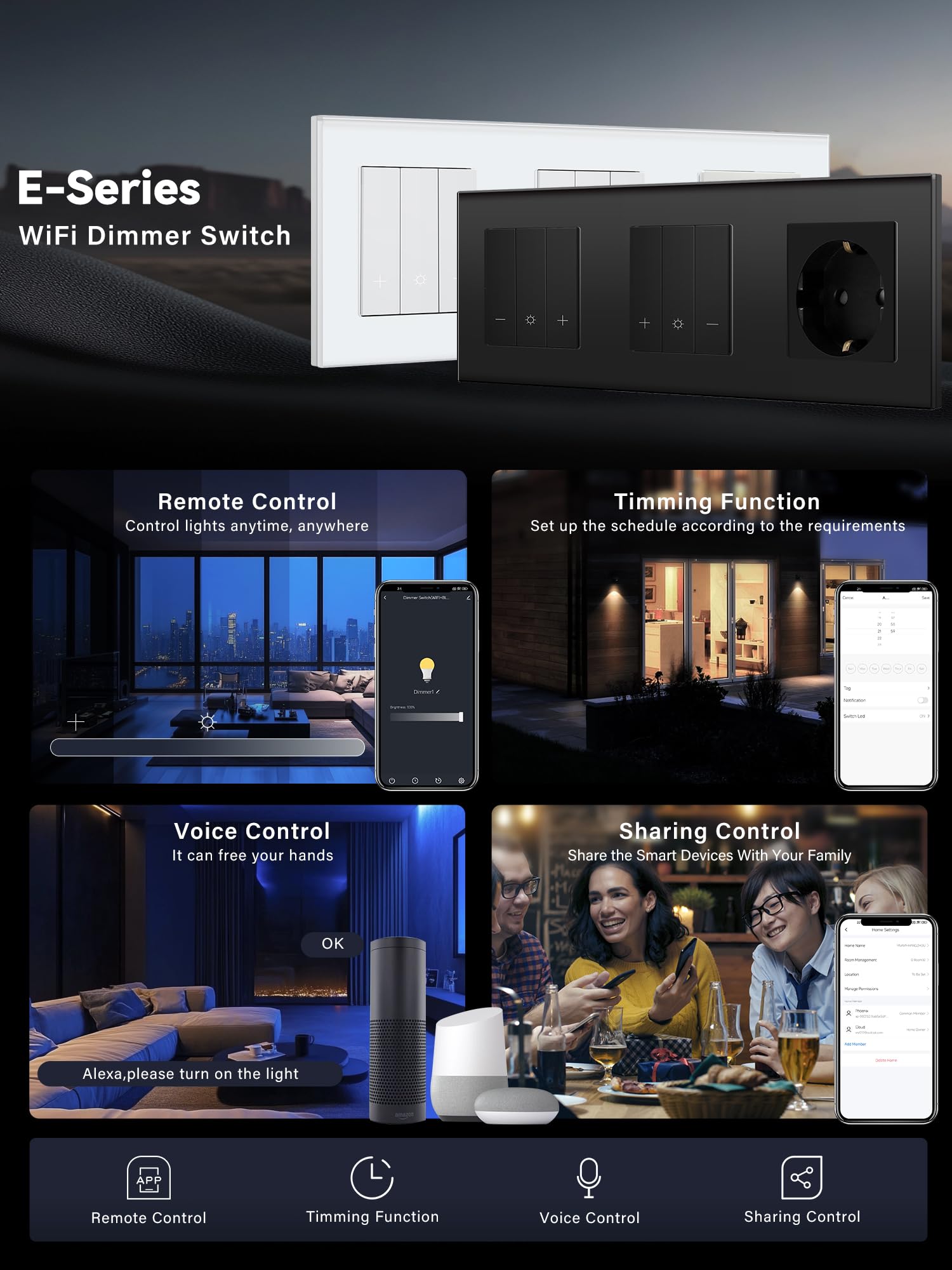 Interruttore dimmer intelligente WIFI con presa Schuko, presa normale, 1 interruttore dimmer, 2, compatibile con Alexa/Google Home, interruttore dimmerabile, bianco (neutro richiesto)