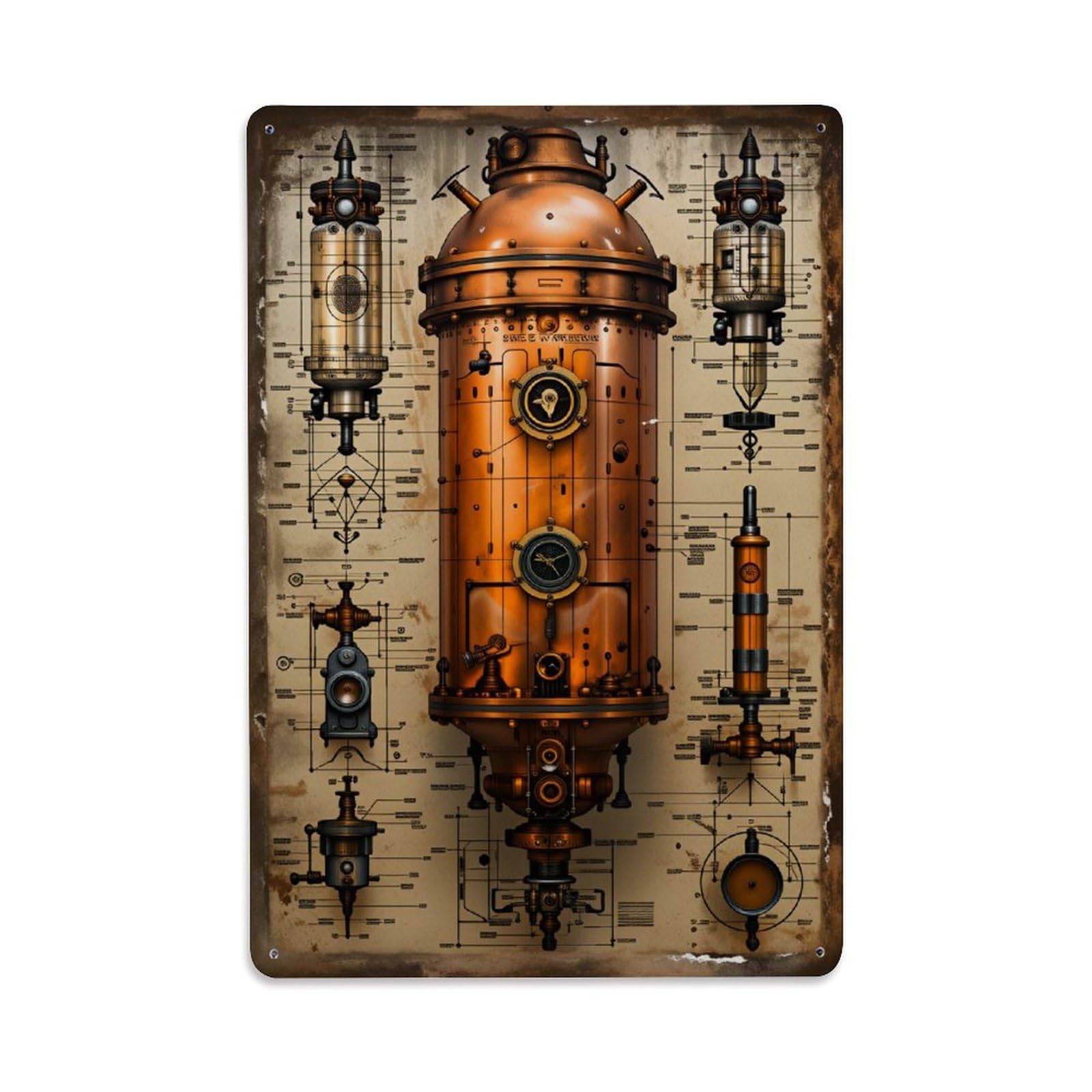 Enderetf Vintage Steampunk Industrial Blueprint Design Tin Sign Metal Poster, Home Bar Garage Man Cave Cafe Indoor & Outdoor Wall Decoration 8X12inches