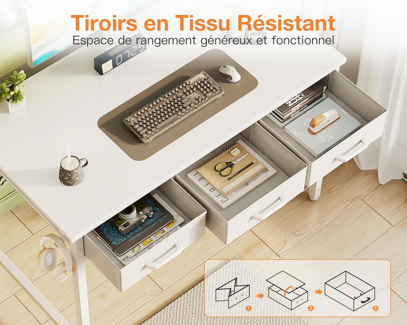 Coleshome Bureau 120x48 Cm Blanc – Bureau Gaming/Ordinateur Avec Rangement, Porte-Casque, 2 Prises + 2 USB, Station De Recharge Intégrée