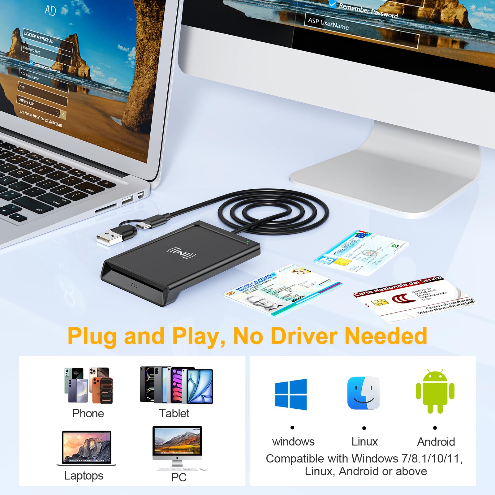 USB-A+USB-C Lettore CIE 3.0 Carta d'identità Elettronica e Tessera Sanitaria Italiana,Lettore Smart Card CNS Firma Digitale Lettore NFC Smart contatto e contactless CIE/CRS/CNS per Windows 10 11 Linux