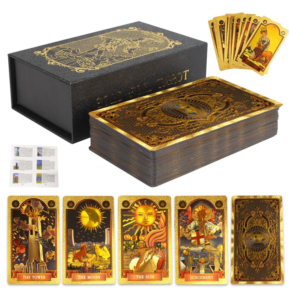 Zestaw tarota, 78+2 karty tarota, złote oko Marsylia Tarot z przewodnikiem, wróżbiarstwo tarota, karty tarota PCV, wodoodporne i bez fałd, zestaw tarota dla początkujących (złoty)