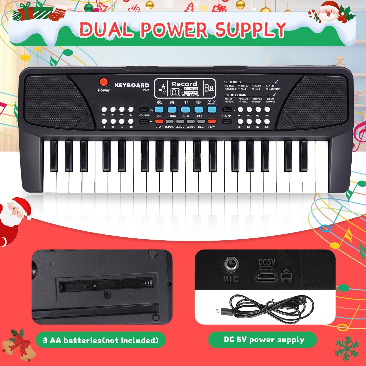 M SANMERSEN Upgraded Kids Piano Keyboard 37 Keys with Microphone, Music Toys Birthday Gifts for 3 4 5 6 Year Old Boys Girls, Black