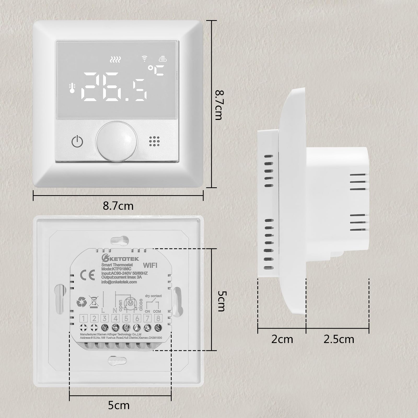 KETOTEK Termostat WiFi do kotła/ogrzewania podłogowego wody | Termostat pokojowy Smart Home 3 A, cyfrowy programowalny termostat ścienny, kompatybilny z Alexa