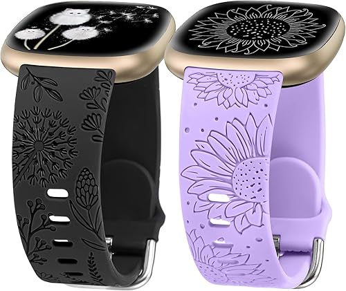 Miniatura 13 de Minyee Paquete de 2 correas grabadas florales compatibles con Fitbit Versa 4/Versa 3/Sense 2/Sense Band para mujer, lindo diseño de girasol