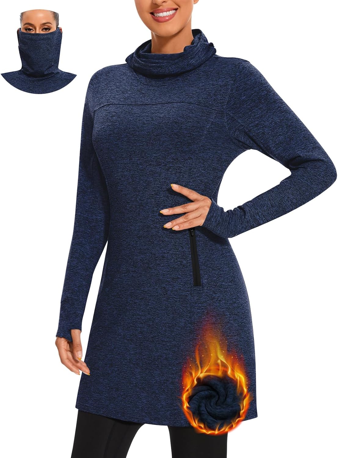 Soneven Women's Fleece Dress Running Thermal Sweatshirts Dresses Winter Skiing Athletic Pullover with Thumb Holes and Pockets