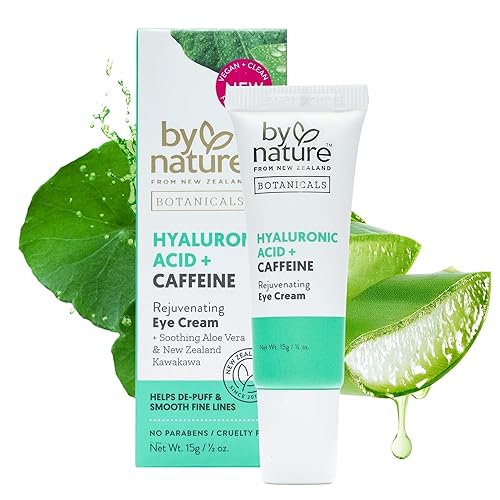 By Nature Botanicals Crema para debajo de los ojos con ácido hialurónico y cafeína, crema de ojos reafirmante y refrescante para ojeras, cuidado de