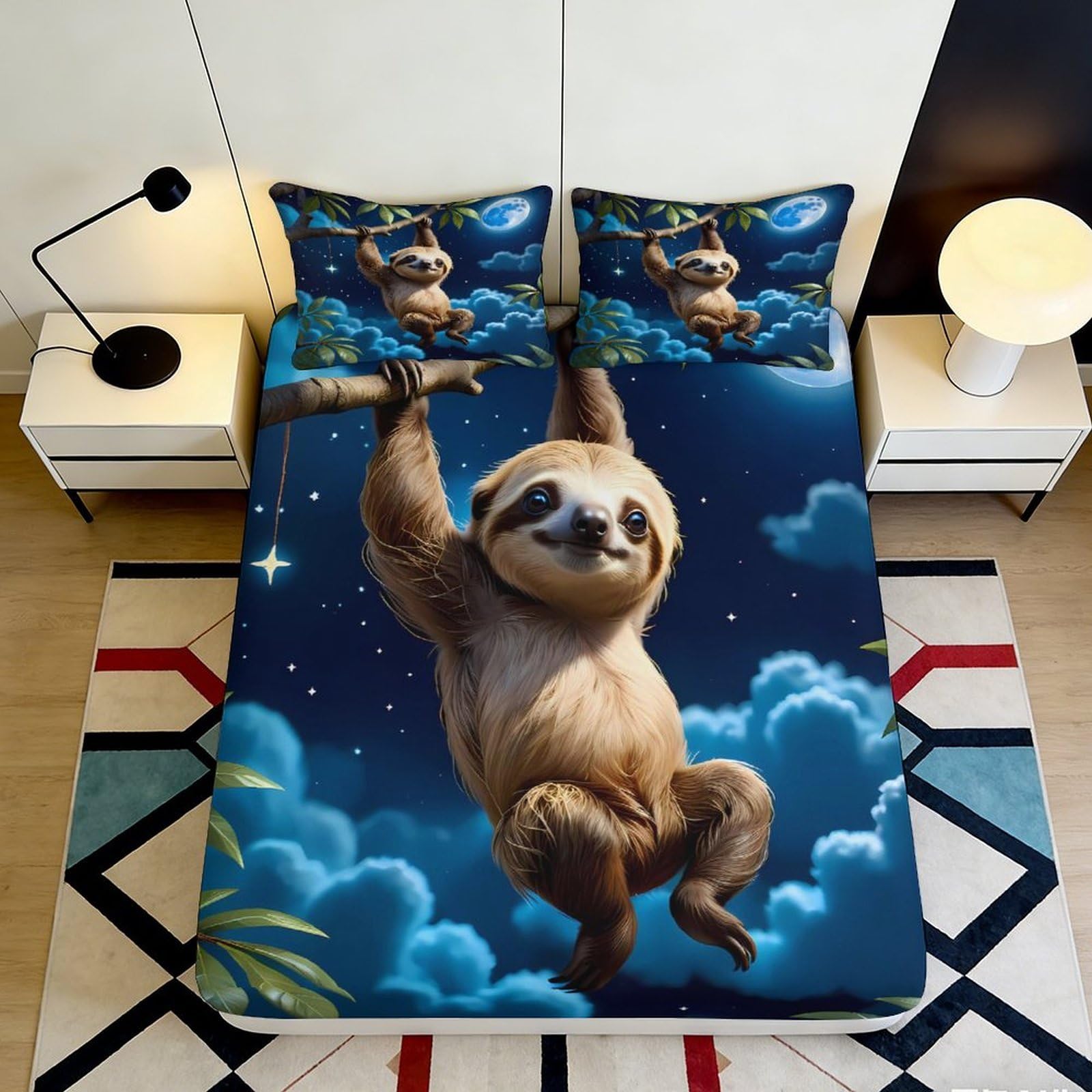 3D Printed Sloth Night Sky Fitted Sheet Microfiber Soft Breathable Tree Branch Bed Cover for Bedroom Dorm Decor 90x200x25cm