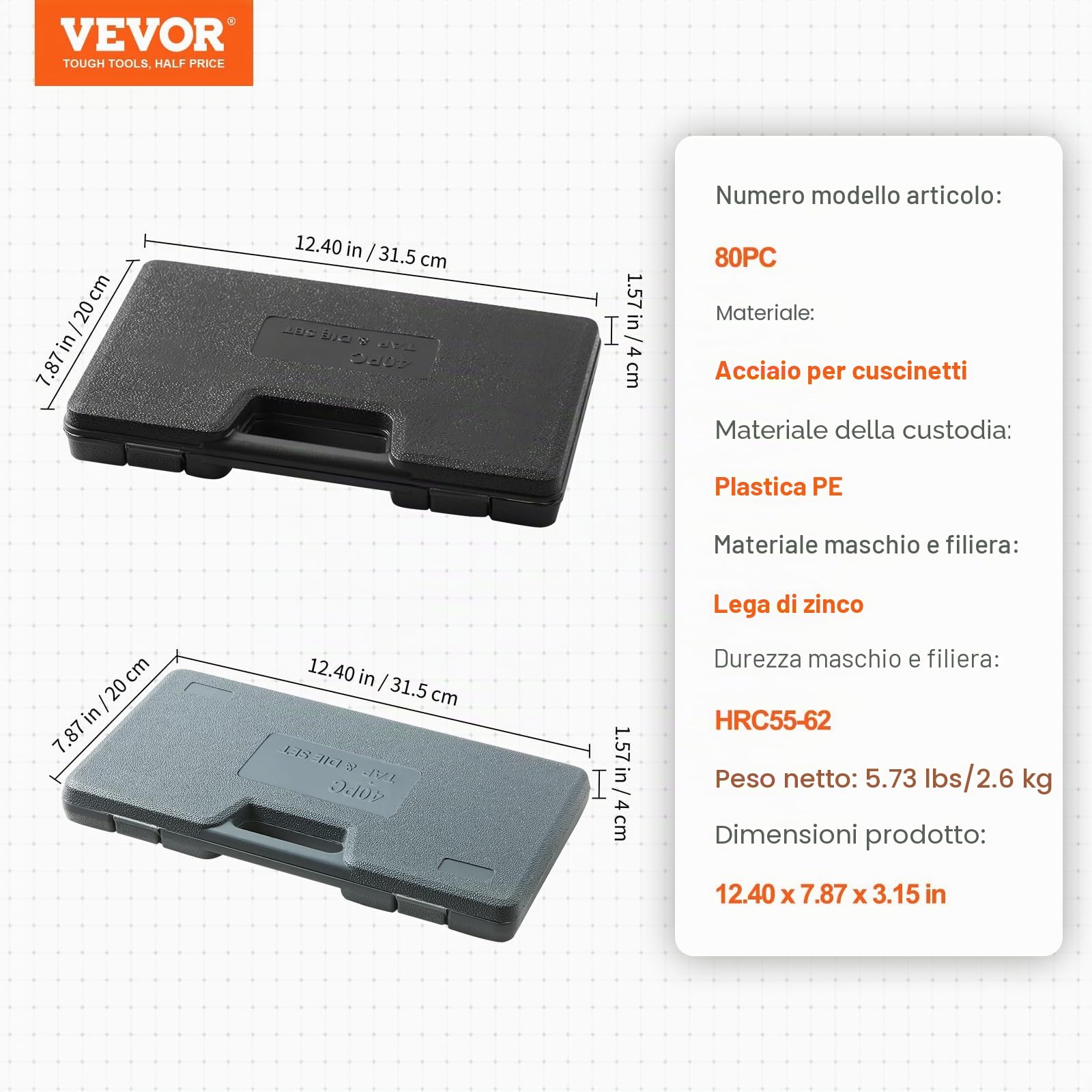 VEVOR Set di Filiere Maschi Utensili per Filettatura SAE 80 Pezzi in Totale, Set per Rubinetti Matrici in Lega di Zinco Utensili per Filettature in Valigetta Portatile, Set di Rubinetti Chiavi 80 Pz