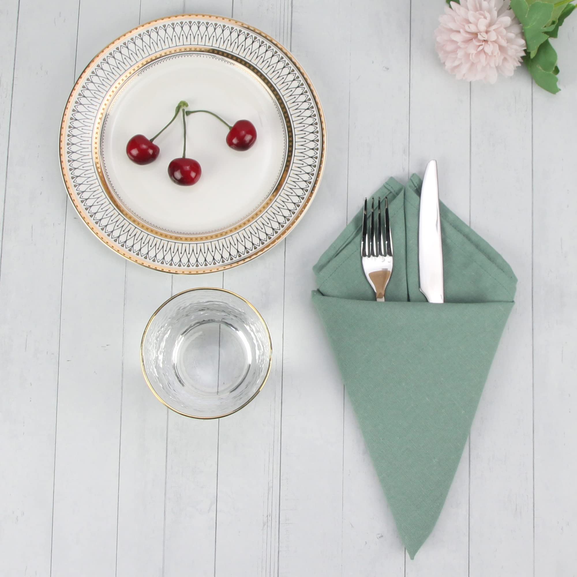 Solid Color Polyester Linen Blended Dinner Cloth Napkins - Set of 12 (40 x 40 cm) - For Events & Home Use (Sage Green) - Image 4