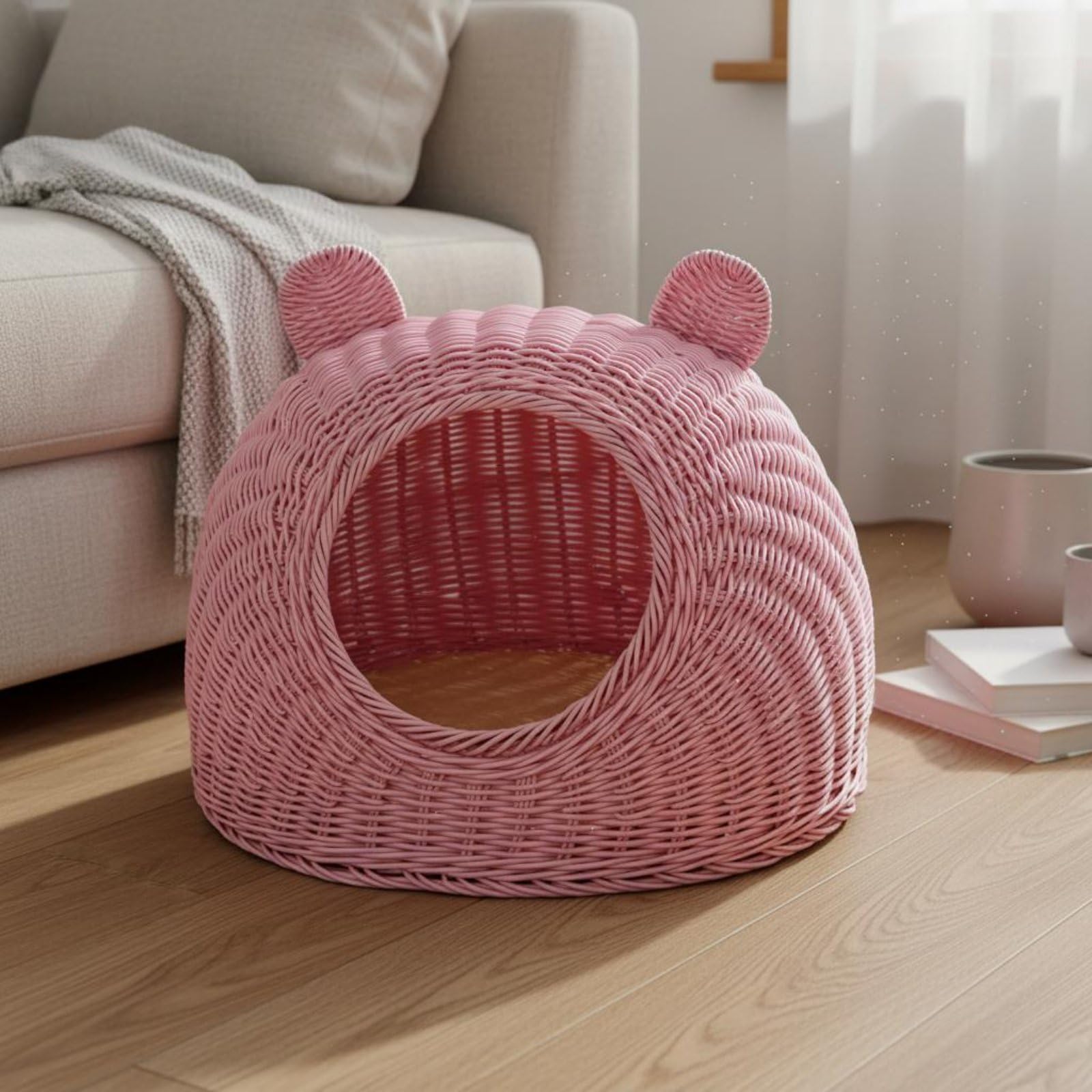 Waschbares Katzenbett Geflochtenes Katzenhaus Katzennest Waschechte Oberfläche Stabile Basis für Ruhebereich Zuhause Katzenpflege, Beige, Klein