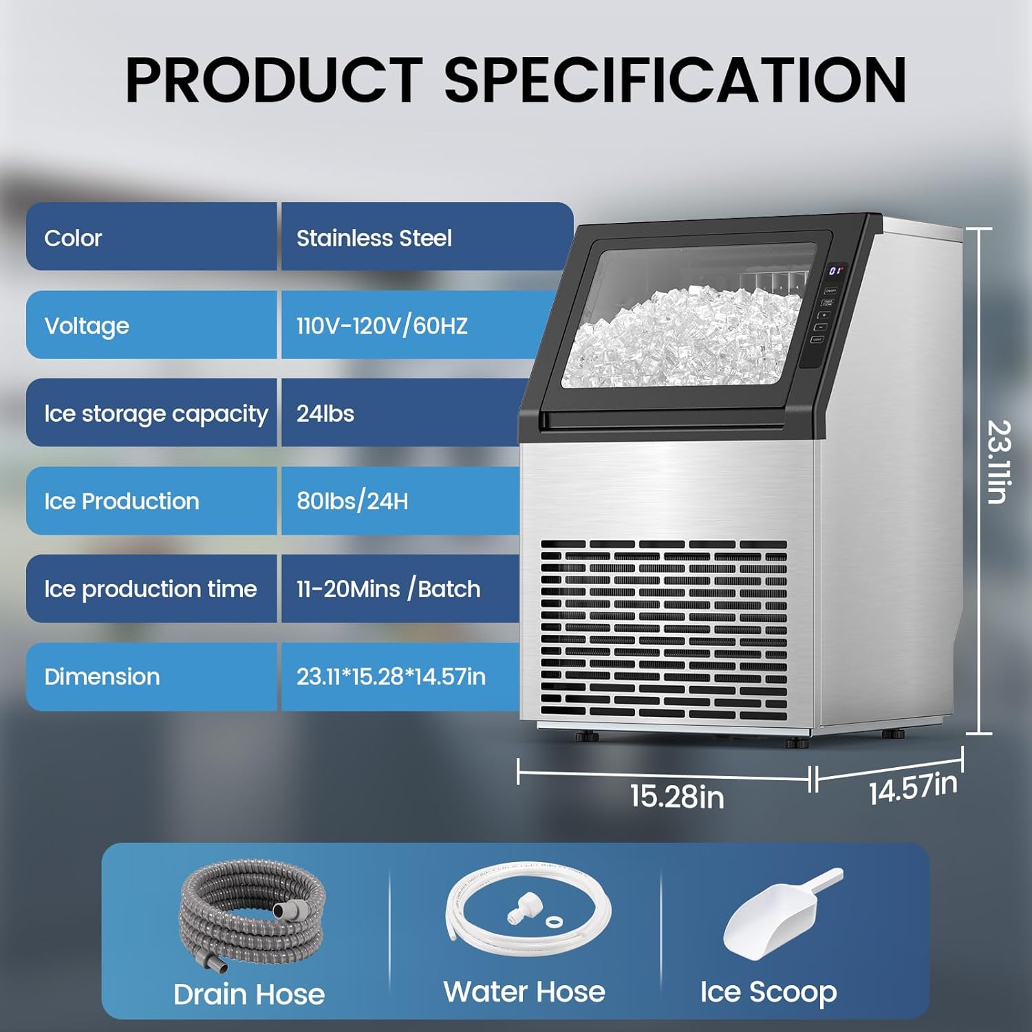 Commercial Ice Maker Machine, 80Lbs/24H Undercounter ice Machine with 28Lbs Ice Storage Capacity, Auto Self-Cleaning, Stainless Steel Freestanding Ice Maker for Home/Bar/Restaurant/Outdoor