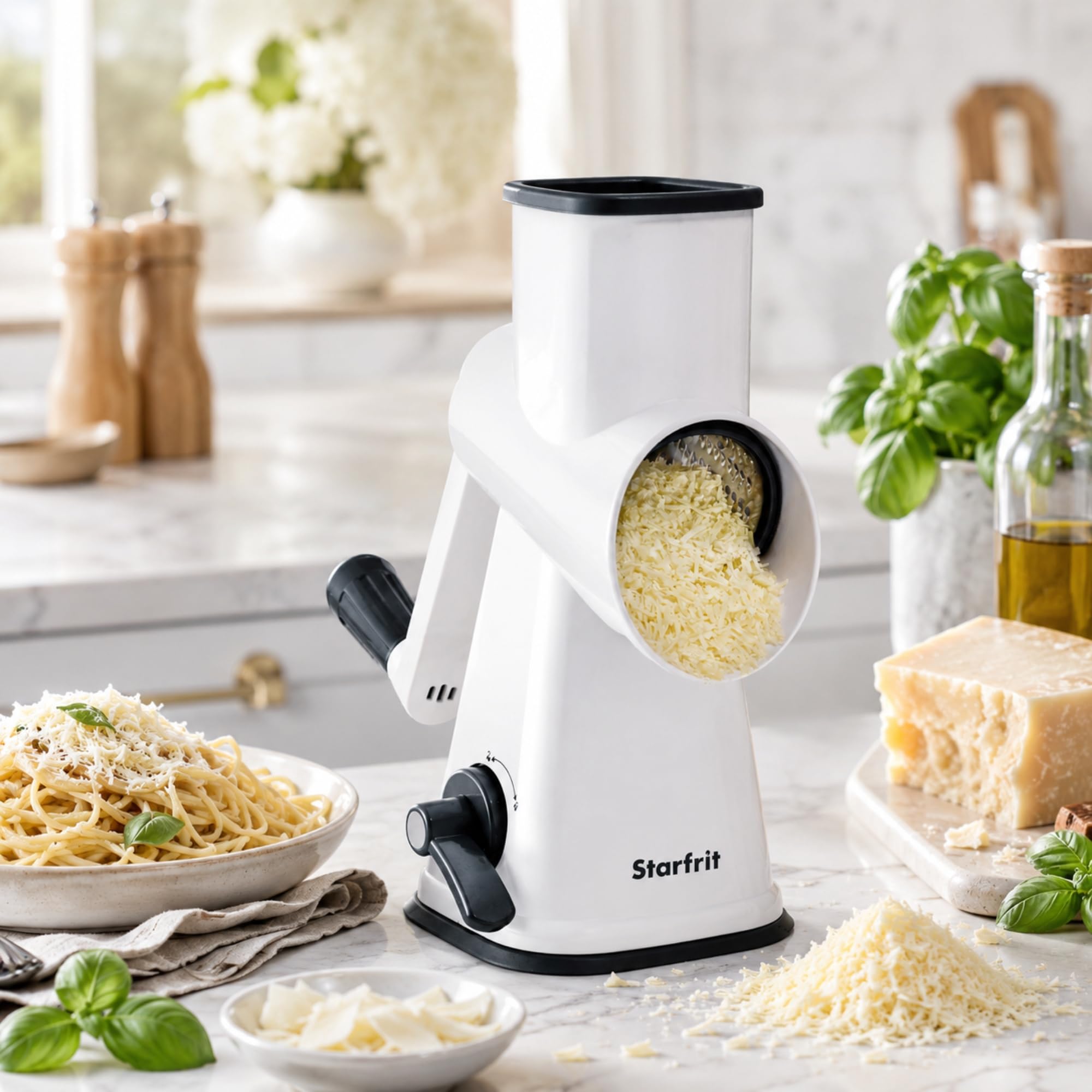Starfrit Rallador de tambor rotativo - 4 tambores intercambiables de acero inoxidable - rebanar, rallar grueso y fino, afeitado de hielo - Ideal para verduras, queso, nueces, chocolate
