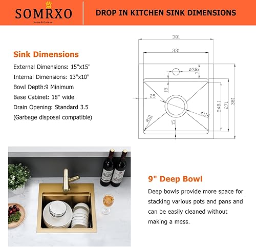 Miniatura 9 de Estación de trabajo de fregadero de barra empotrable dorado de 15 x 15 pulgadas - Calibre 16 acero inoxidable tazón individual, fregadero de cocina