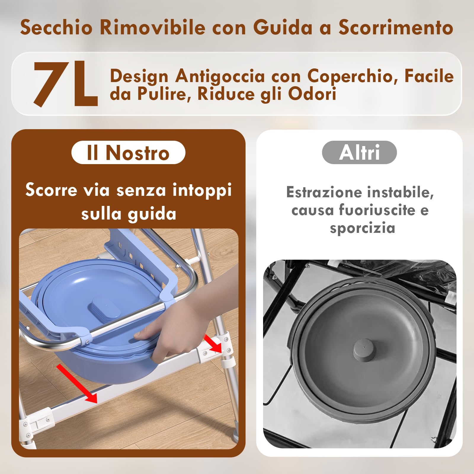 Sedia WC 4 in 1 per anziani: schienale ergonomico girevole regolabile in altezza, sedia da doccia pieghevole con cuscino in EVA, telaio stabile in acciaio inox