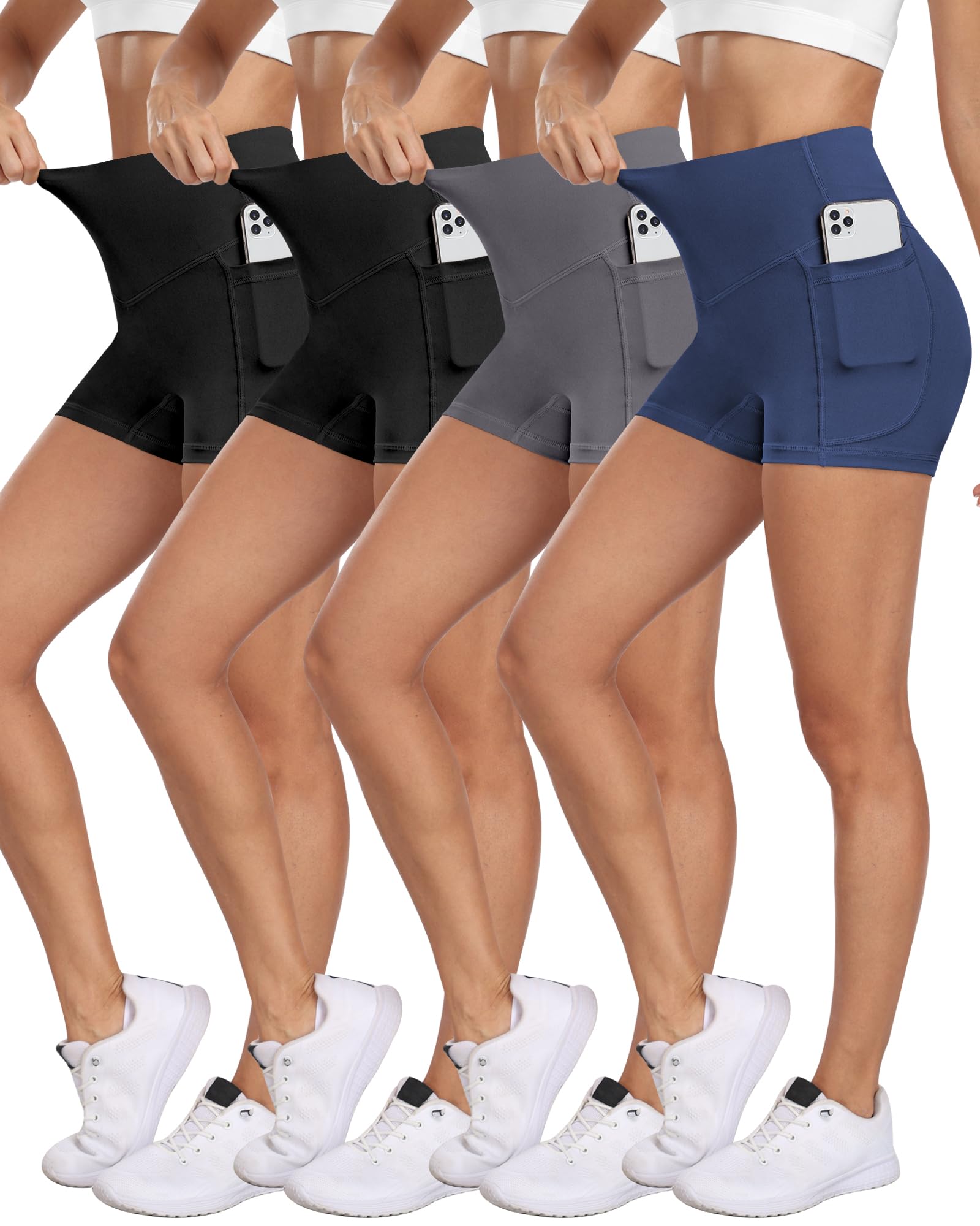 NORMOV 4 Packs Spandex Shorts for Women with Pockets, 3'' High Waisted Tummy Control Booty Yoga Shorts