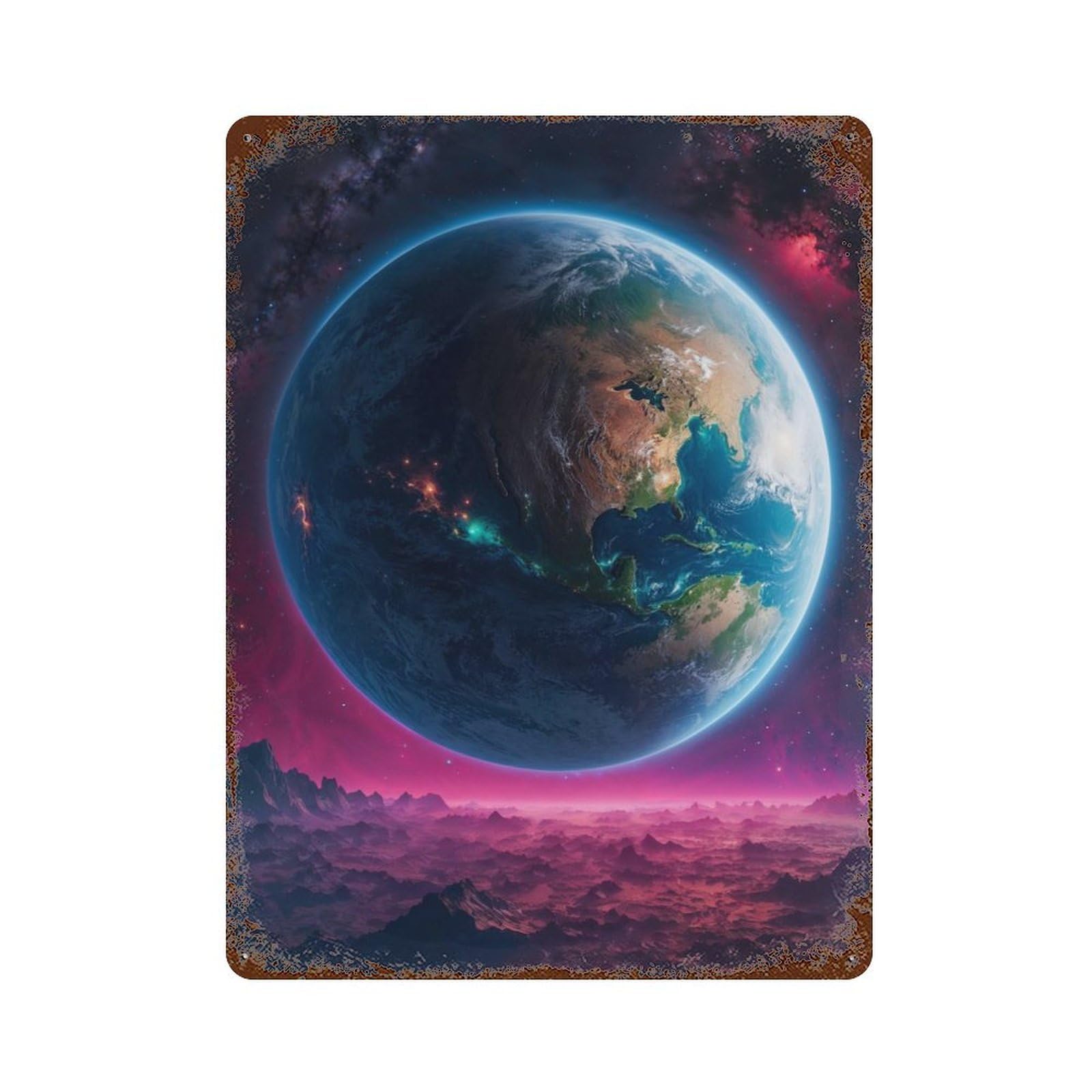 Distressed Metal Wall Sign with Earth from Space Design 15.7"x11.8", for Living Room, Hallway And Home Decor, Vintage Wall Decor